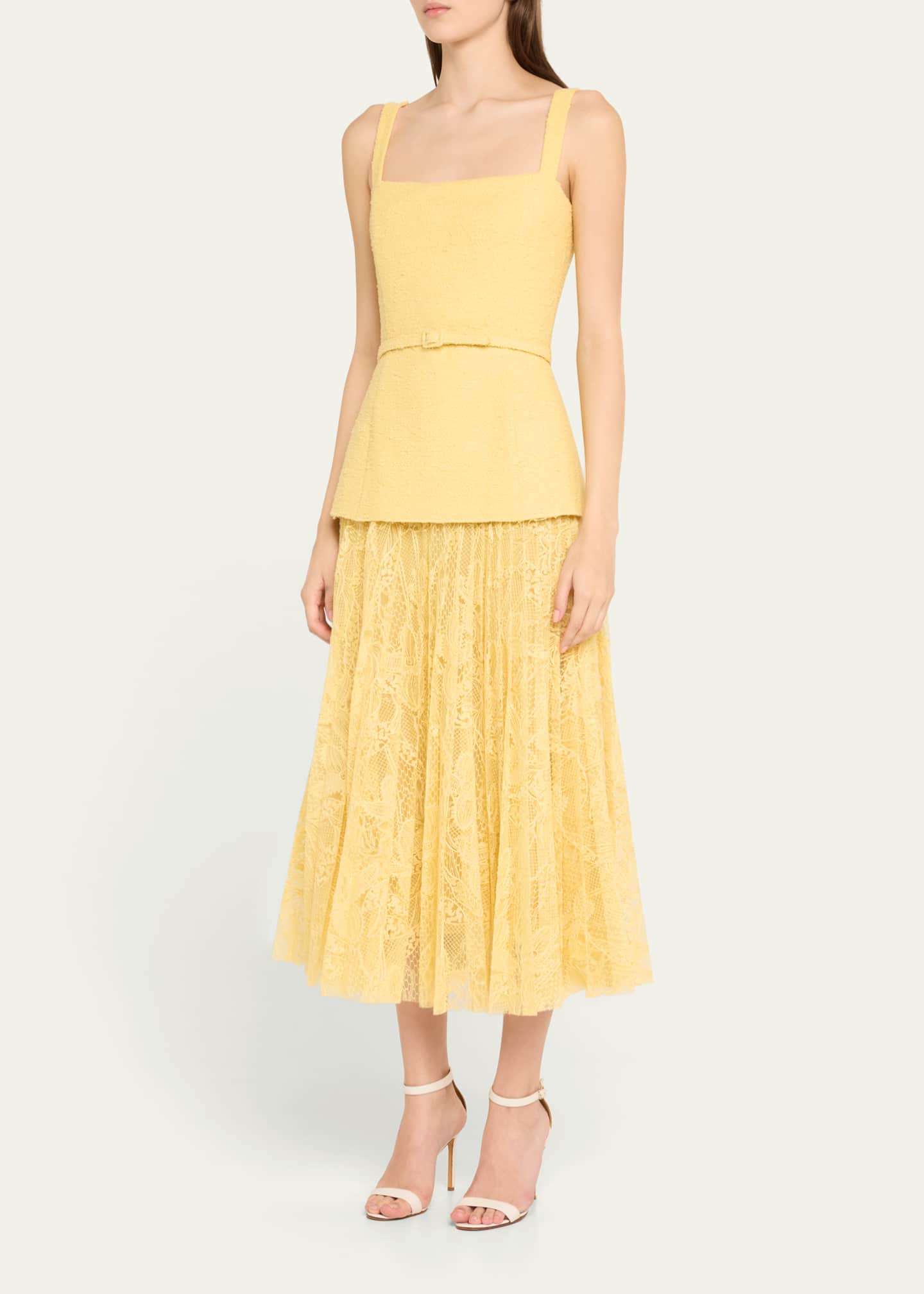 Square-Neck Tweed and Pleated Lace Midi Dress - Thumbnail 4