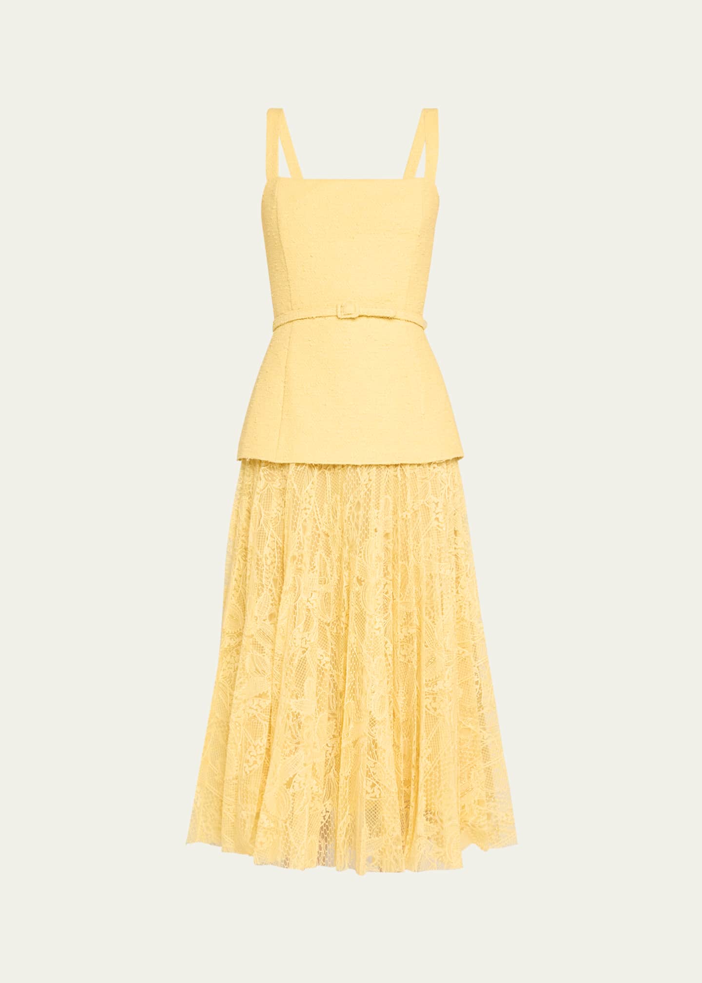 Square-Neck Tweed and Pleated Lace Midi Dress