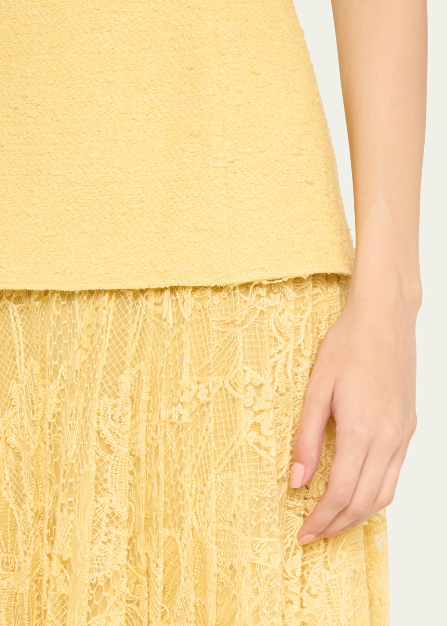 Square-Neck Tweed and Pleated Lace Midi Dress - Thumbnail 5