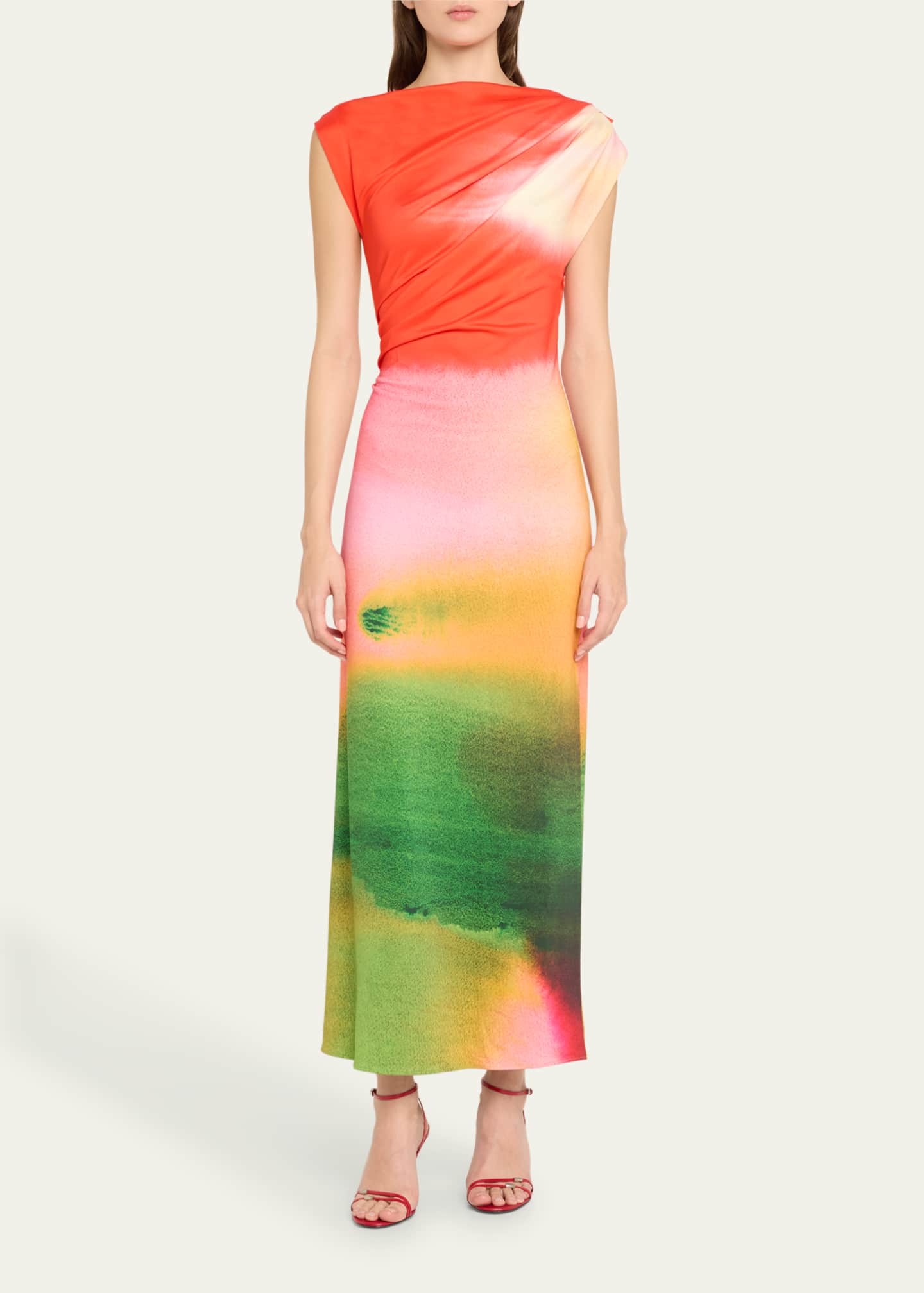 Oscar de la Renta Draped Abstract Watercolor Jersey Dress Image 2 of 5