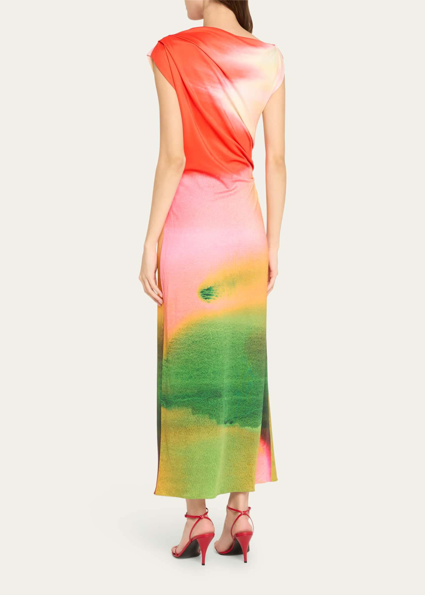 Oscar de la Renta Draped Abstract Watercolor Jersey Dress Image 3 of 5