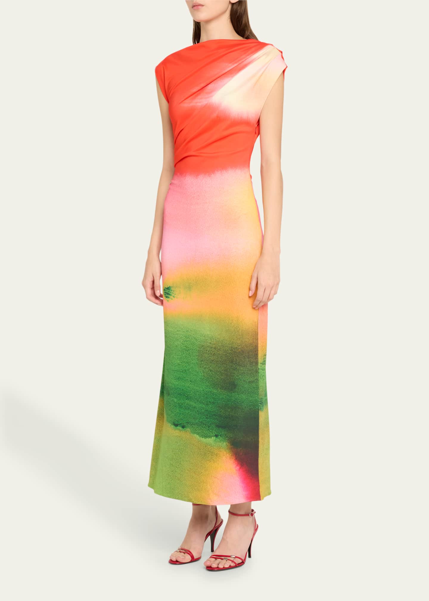 Oscar de la Renta Draped Abstract Watercolor Jersey Dress Image 4 of 5