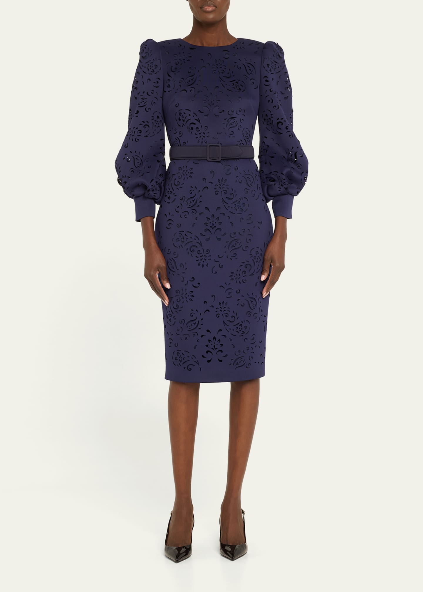 Badgley Mischka Collection Blouson-Sleeve Paisley Cutout Dress Image 2 of 5