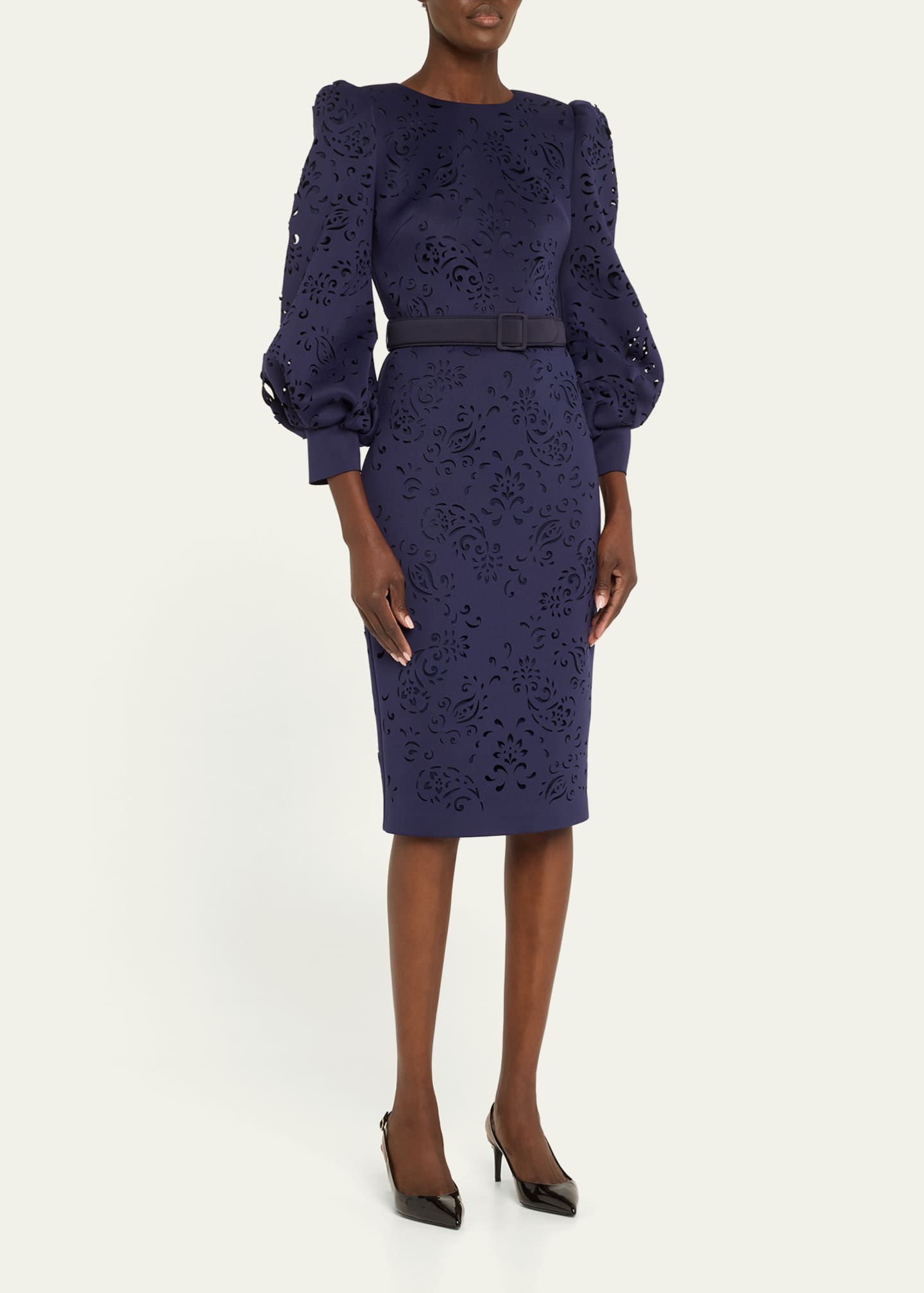Badgley Mischka Blouson Sleeve Paisley Cutout Dress