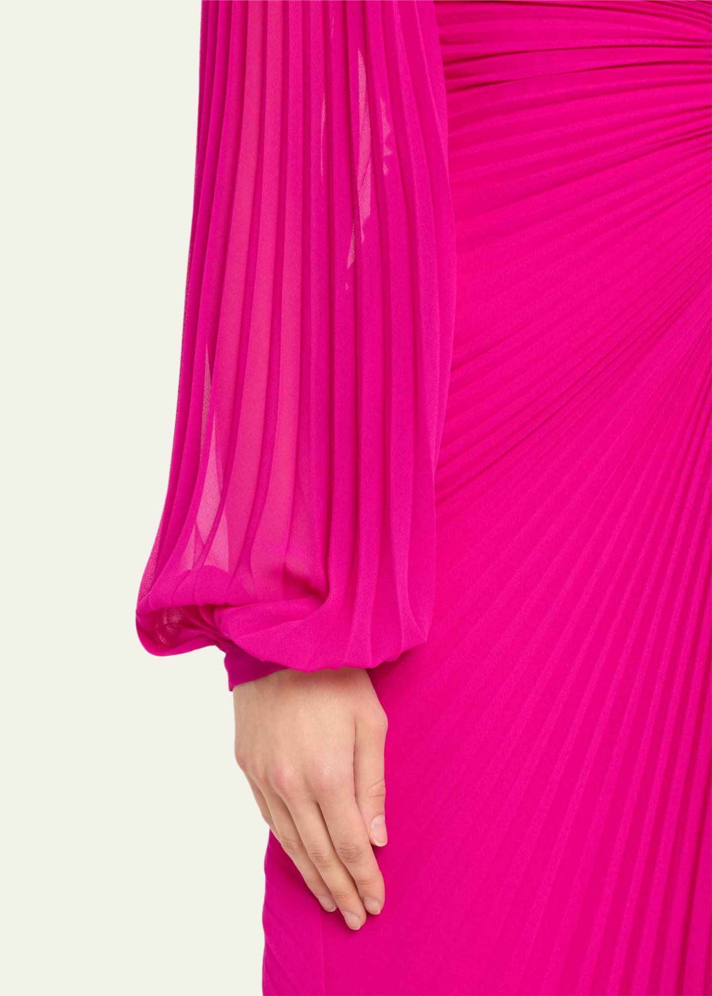 Badgley Mischka Pleated Blouson Sleeve Georgette Midi Dress