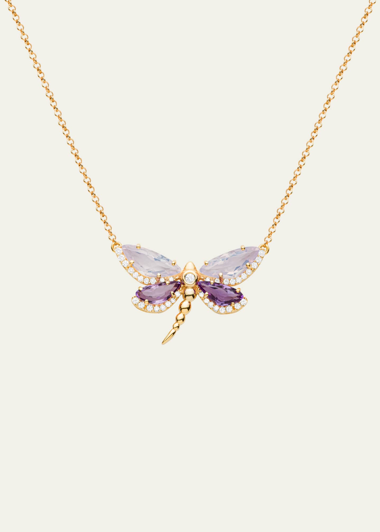 Daniella Kronfle 18K Rose Gold Medium Dragonfly Necklace with Opalose Quartz, Amethyst and Diamonds