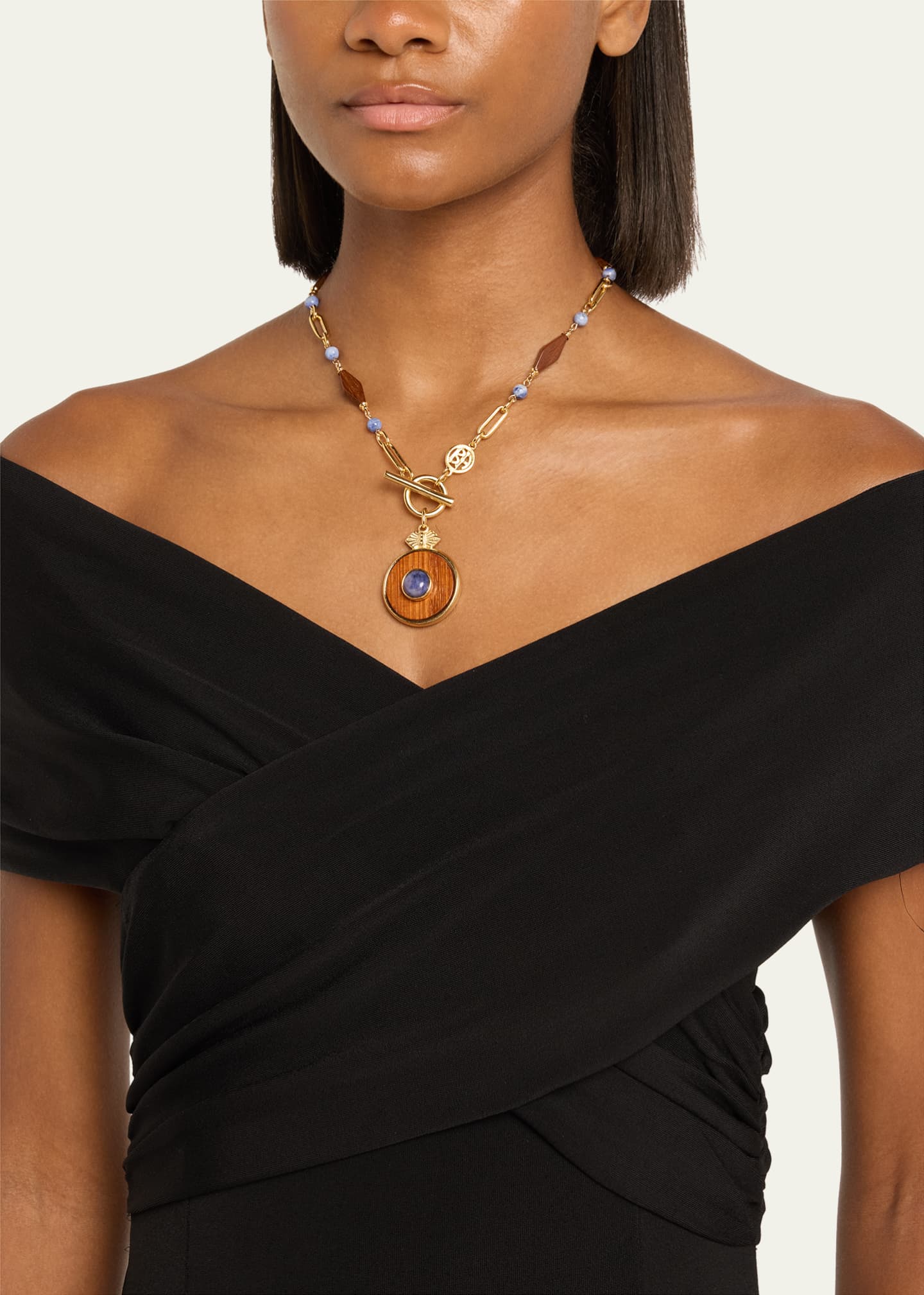 Ben-Amun Gold Plated Chain Necklace with Wood Pendant and Blue Semi Precious Stones, 16"L Image 2 of 4