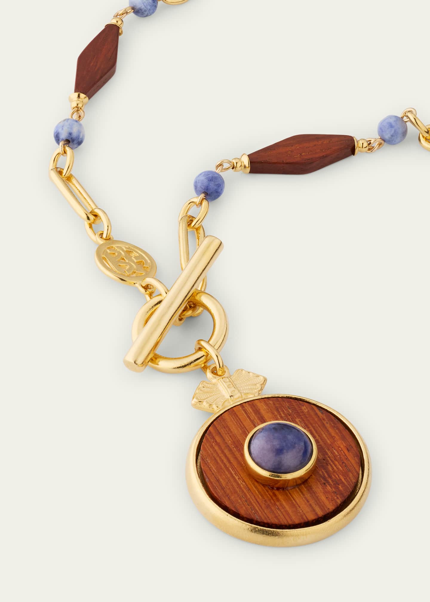 Ben-Amun Gold Plated Chain Necklace with Wood Pendant and Blue Semi Precious Stones, 16"L Image 3 of 4