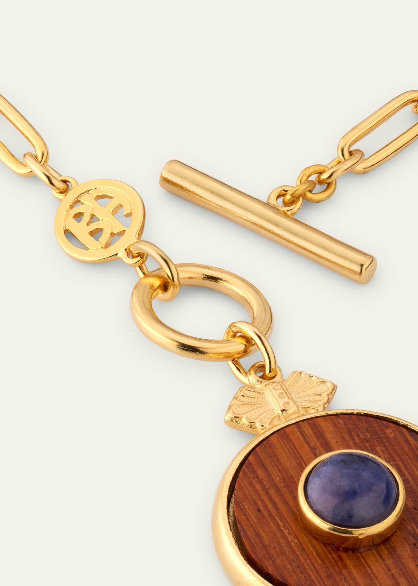Ben-Amun Gold Plated Chain Necklace with Wood Pendant and Blue Semi Precious Stones, 16"L Image 4 of 4