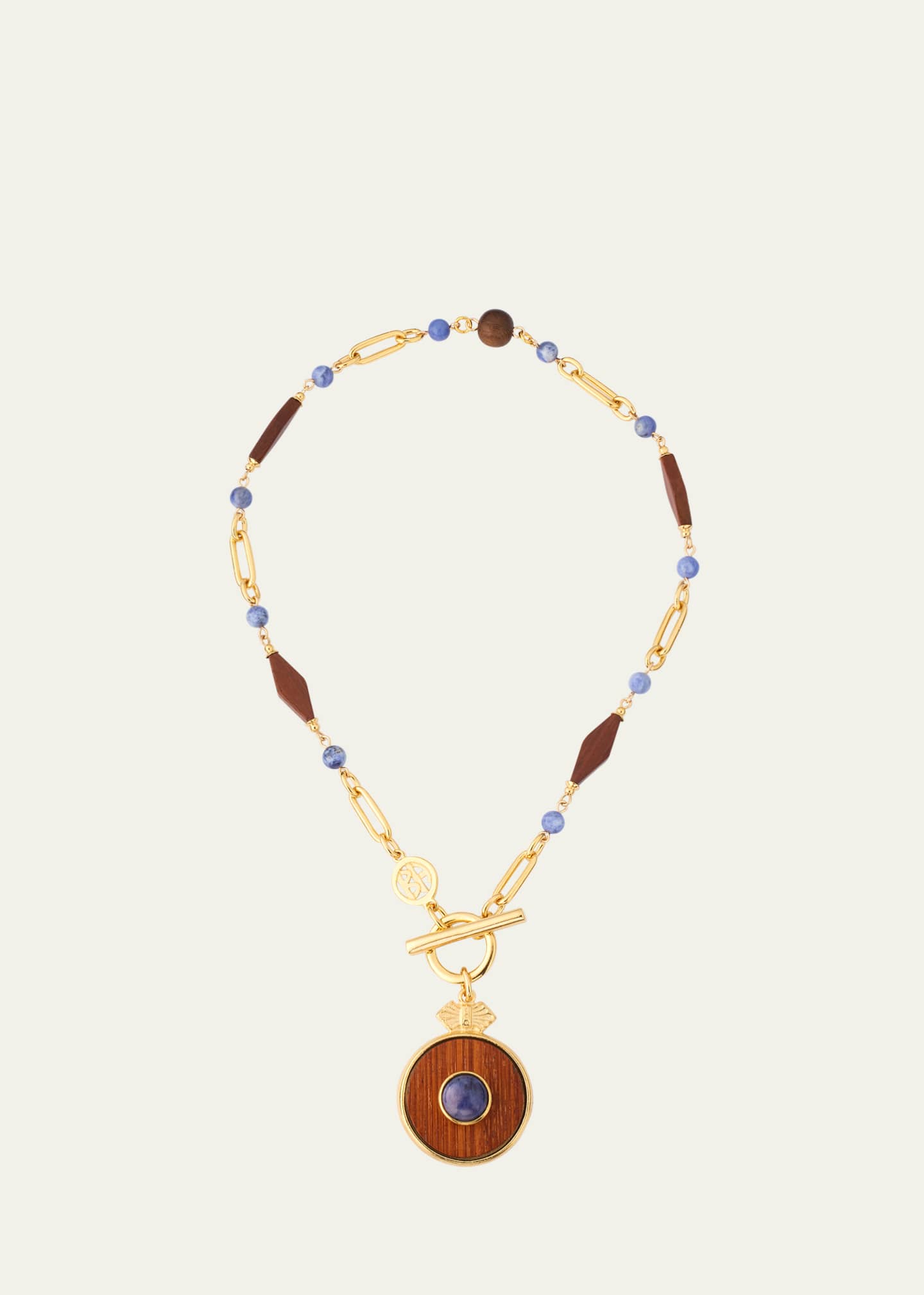 Ben-Amun Gold Plated Chain Necklace with Wood Pendant and Blue Semi Precious Stones, 16"L Image 1 of 4