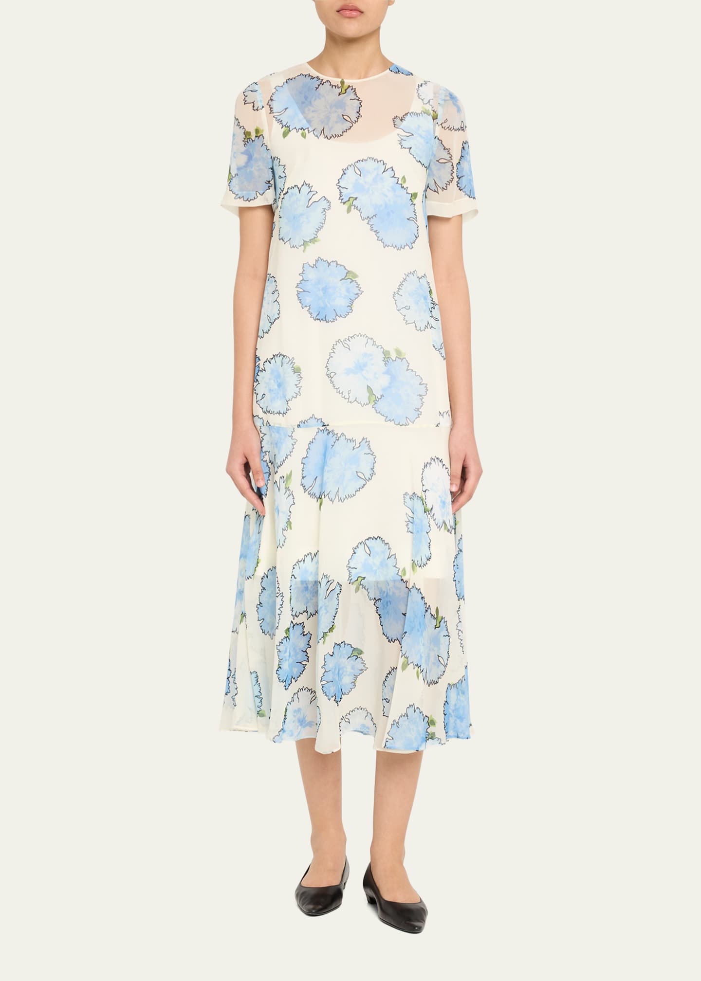 Akris punto Carnation-Print Viscose Georgette Short-Sleeve Midi Dress Image 2 of 5