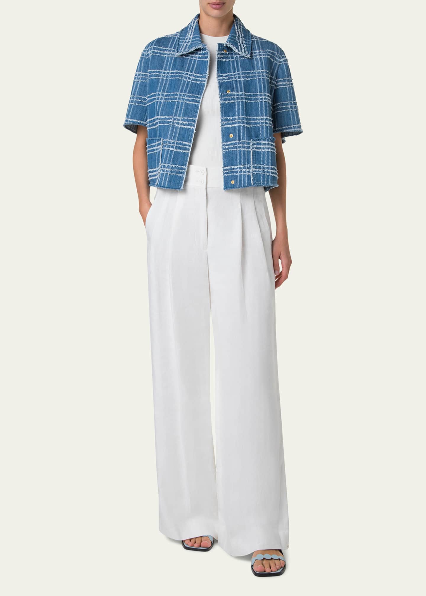 Akris punto Fringed Check Denim Short-Sleeve Shirt Jacket Image 2 of 5