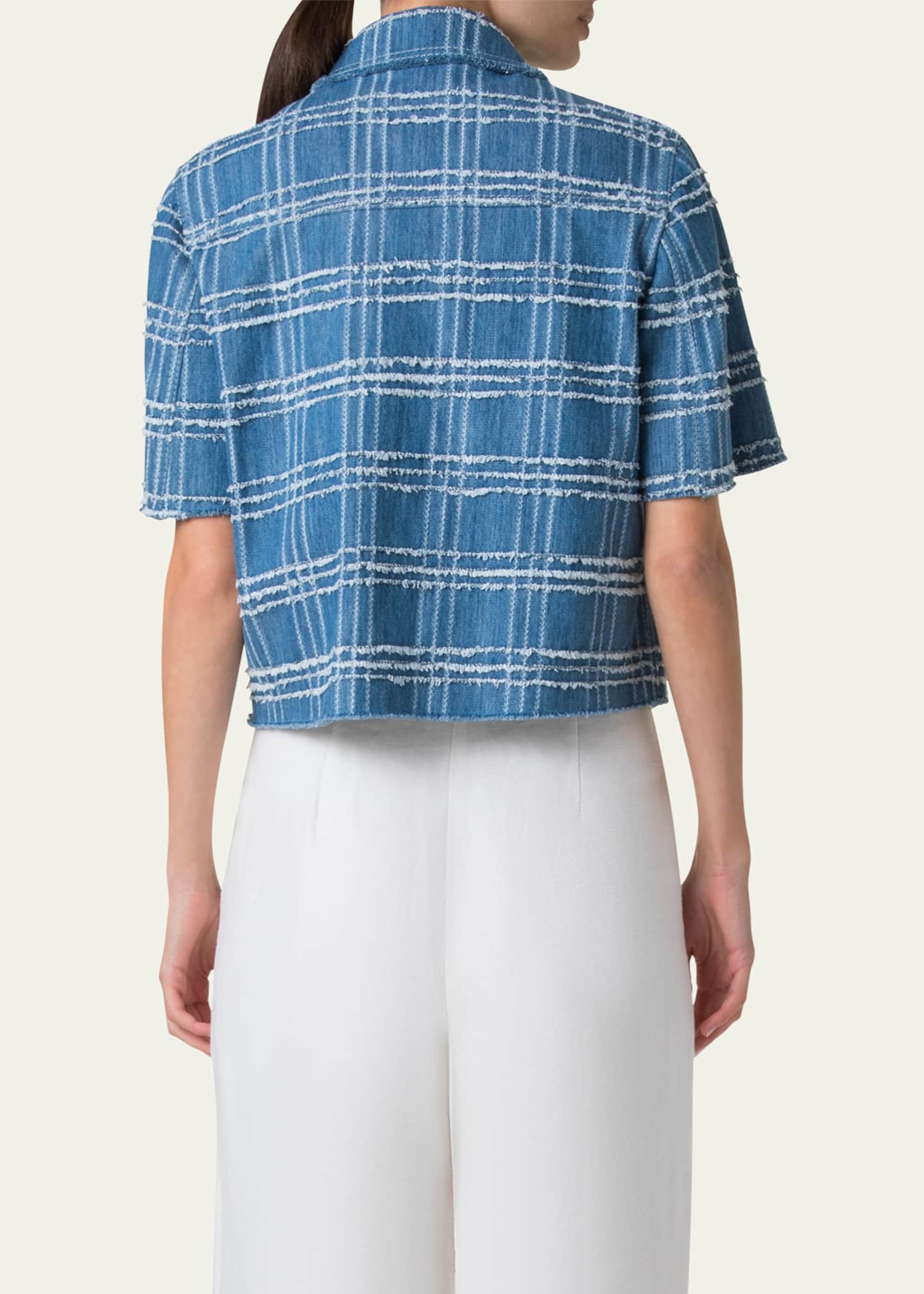 Akris punto Fringed Check Denim Short-Sleeve Shirt Jacket Image 3 of 5