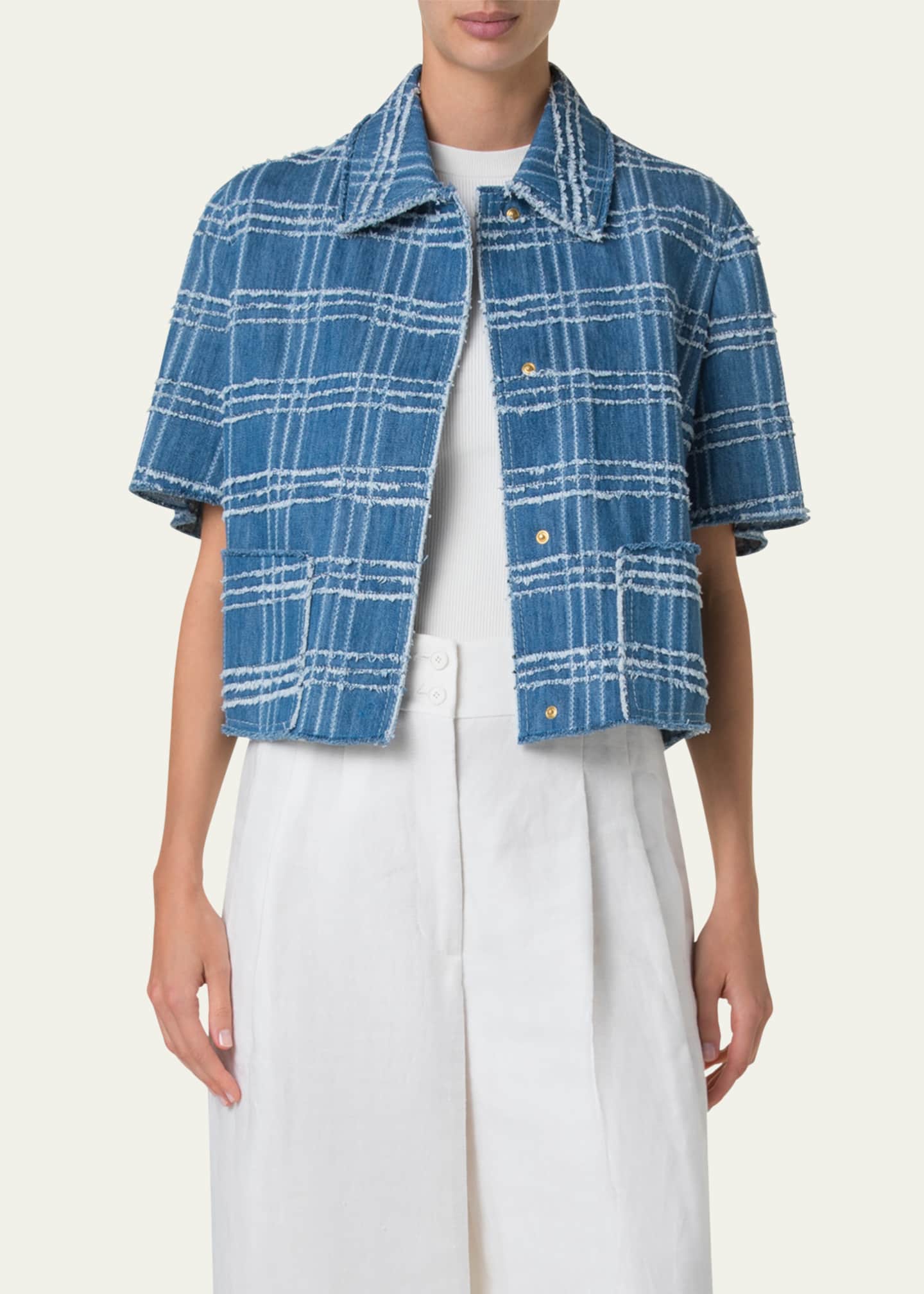 Akris punto Fringed Check Denim Short-Sleeve Shirt Jacket Image 4 of 5