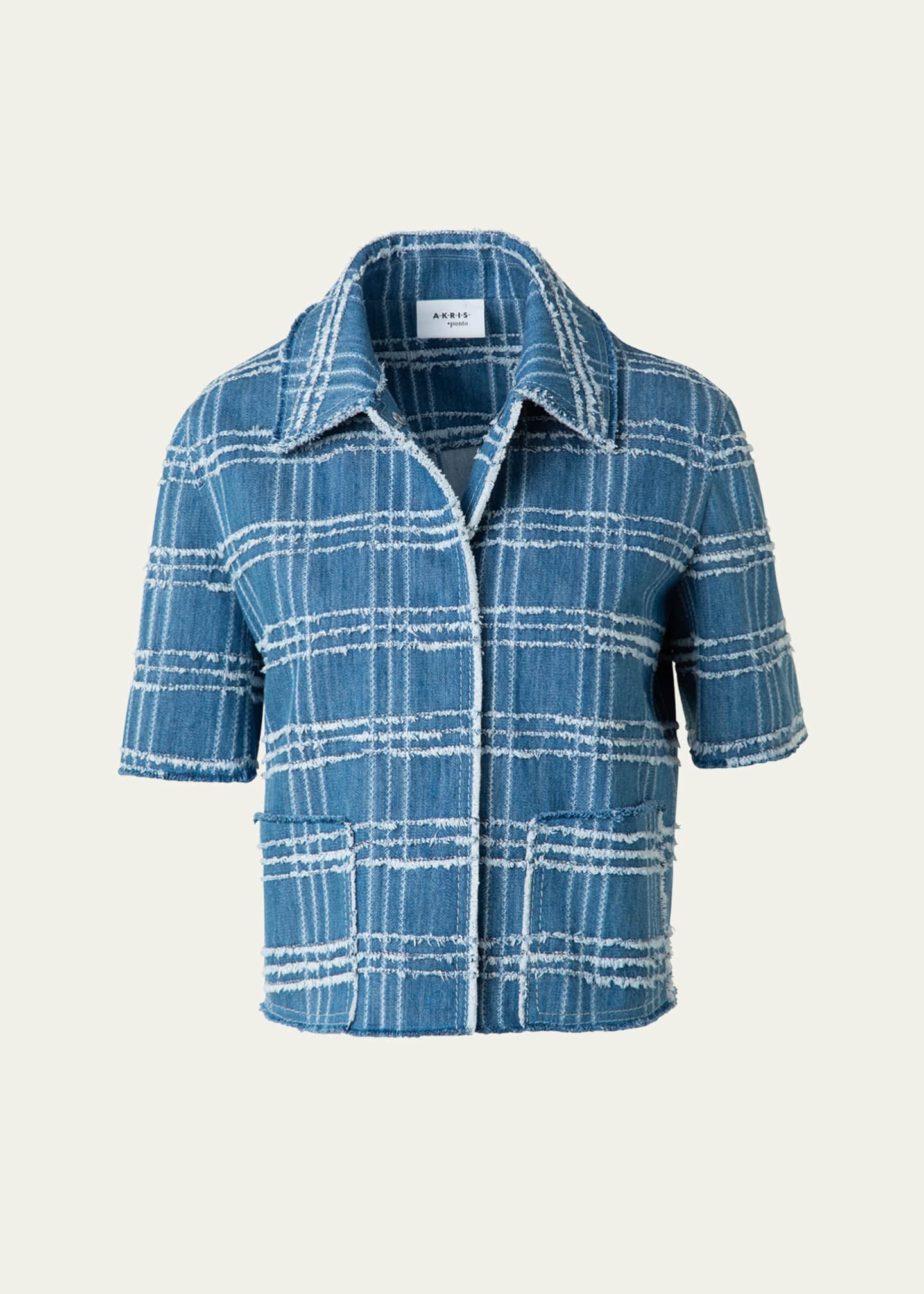 Akris punto Fringed Check Denim Short-Sleeve Shirt Jacket Image 1 of 5