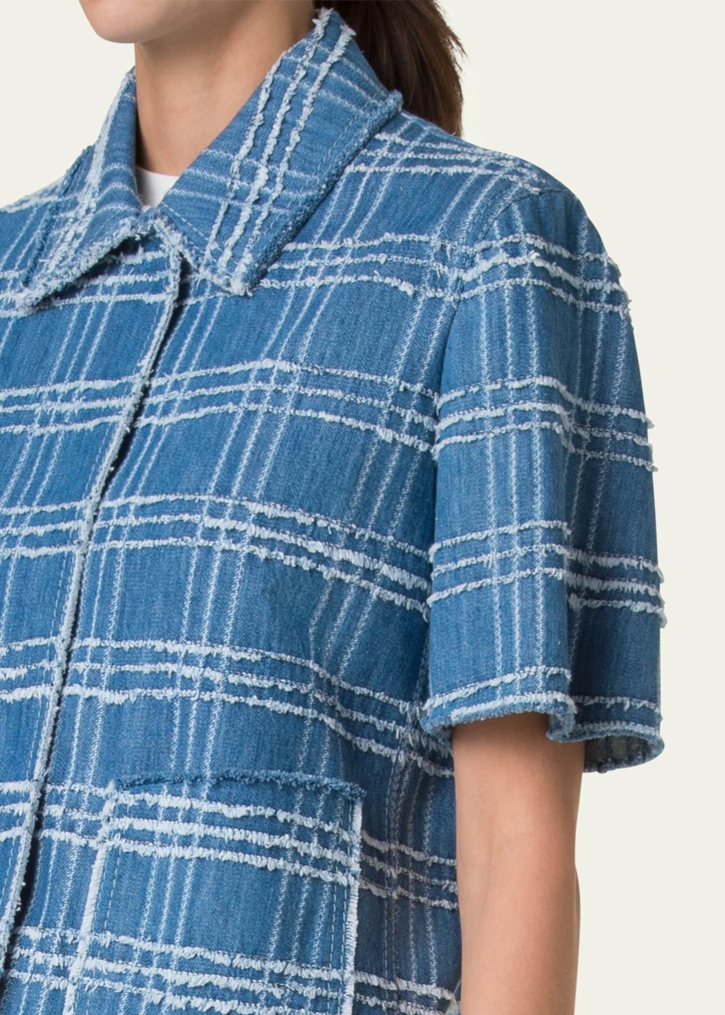 Akris punto Fringed Check Denim Short-Sleeve Shirt Jacket Image 5 of 5