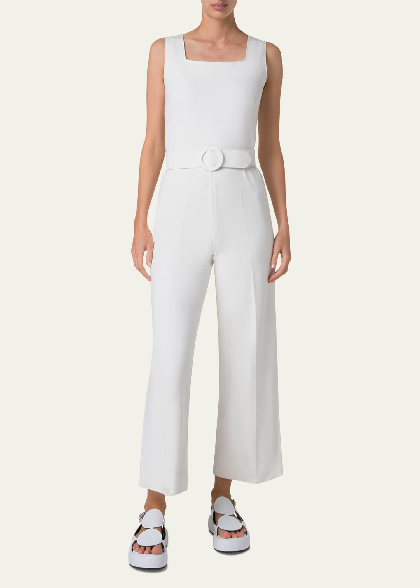Akris punto Square-Neck Sleeveless Belted Jersey Crop Jumpsuit Image 2 of 5