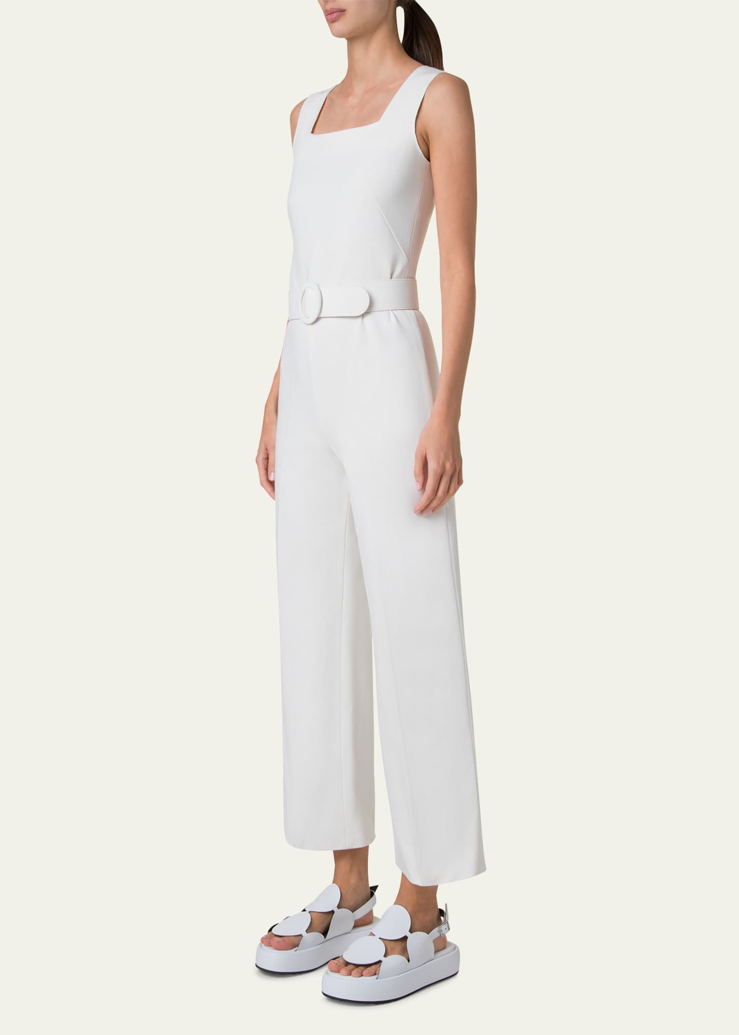 Akris punto Square-Neck Sleeveless Belted Jersey Crop Jumpsuit Image 4 of 5