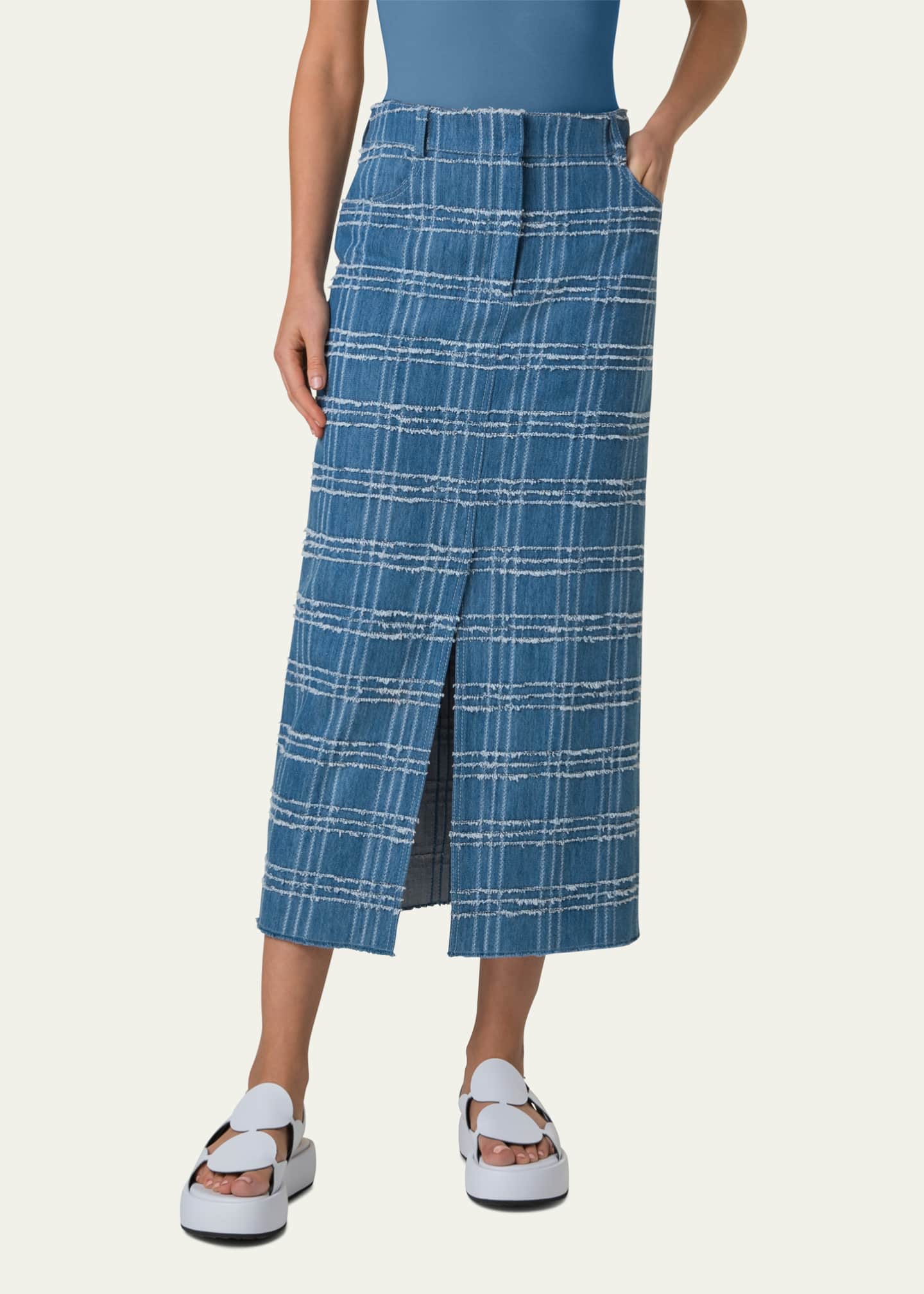 Akris punto Fringed Check Denim Midi Skirt Image 2 of 4