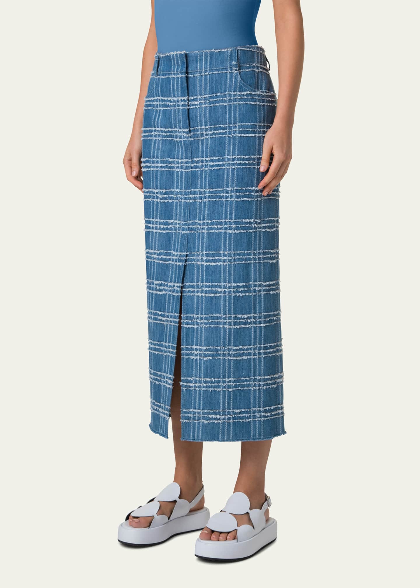 Akris punto Fringed Check Denim Midi Skirt Image 3 of 4