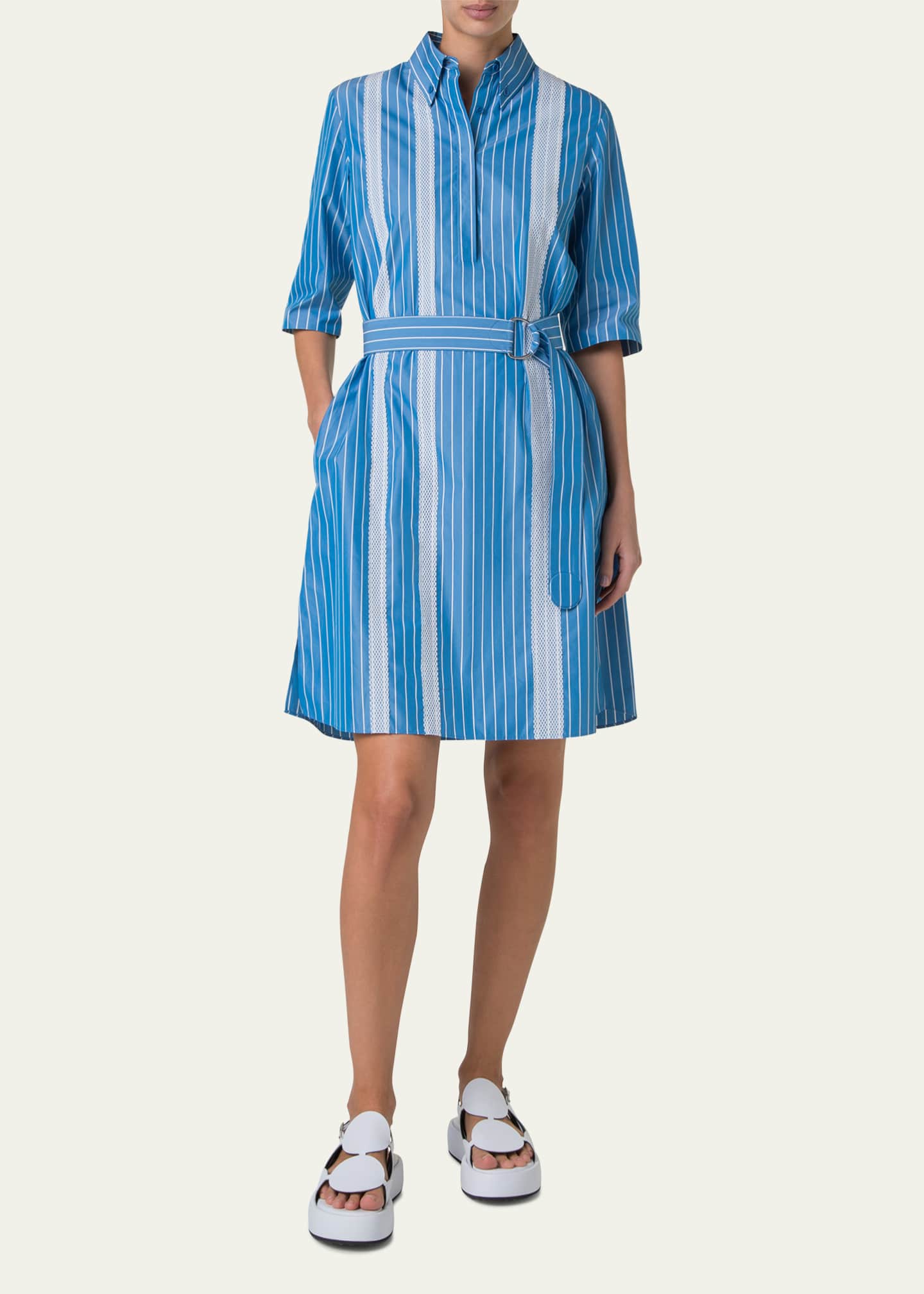 Akris punto Striped Cotton Poplin Belted Short-Sleeve Shirtdress Image 2 of 5