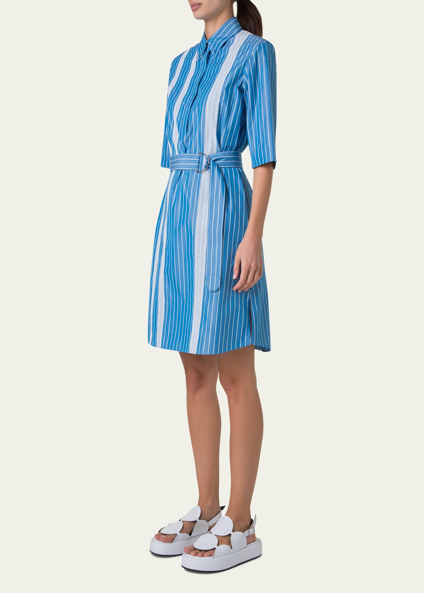 Akris punto Striped Cotton Poplin Belted Short-Sleeve Shirtdress Image 4 of 5