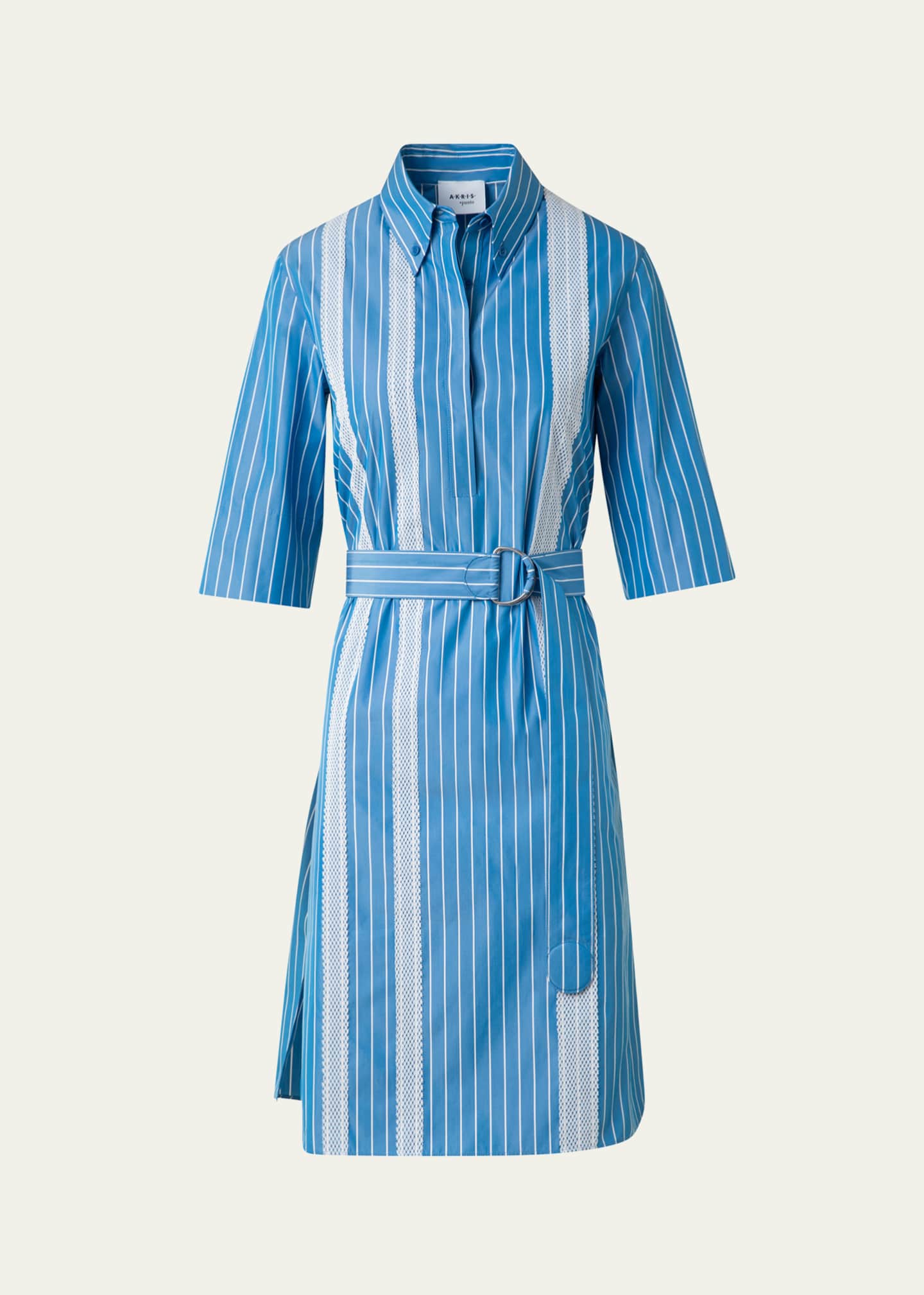 Akris punto Striped Cotton Poplin Belted Short-Sleeve Shirtdress Image 1 of 5