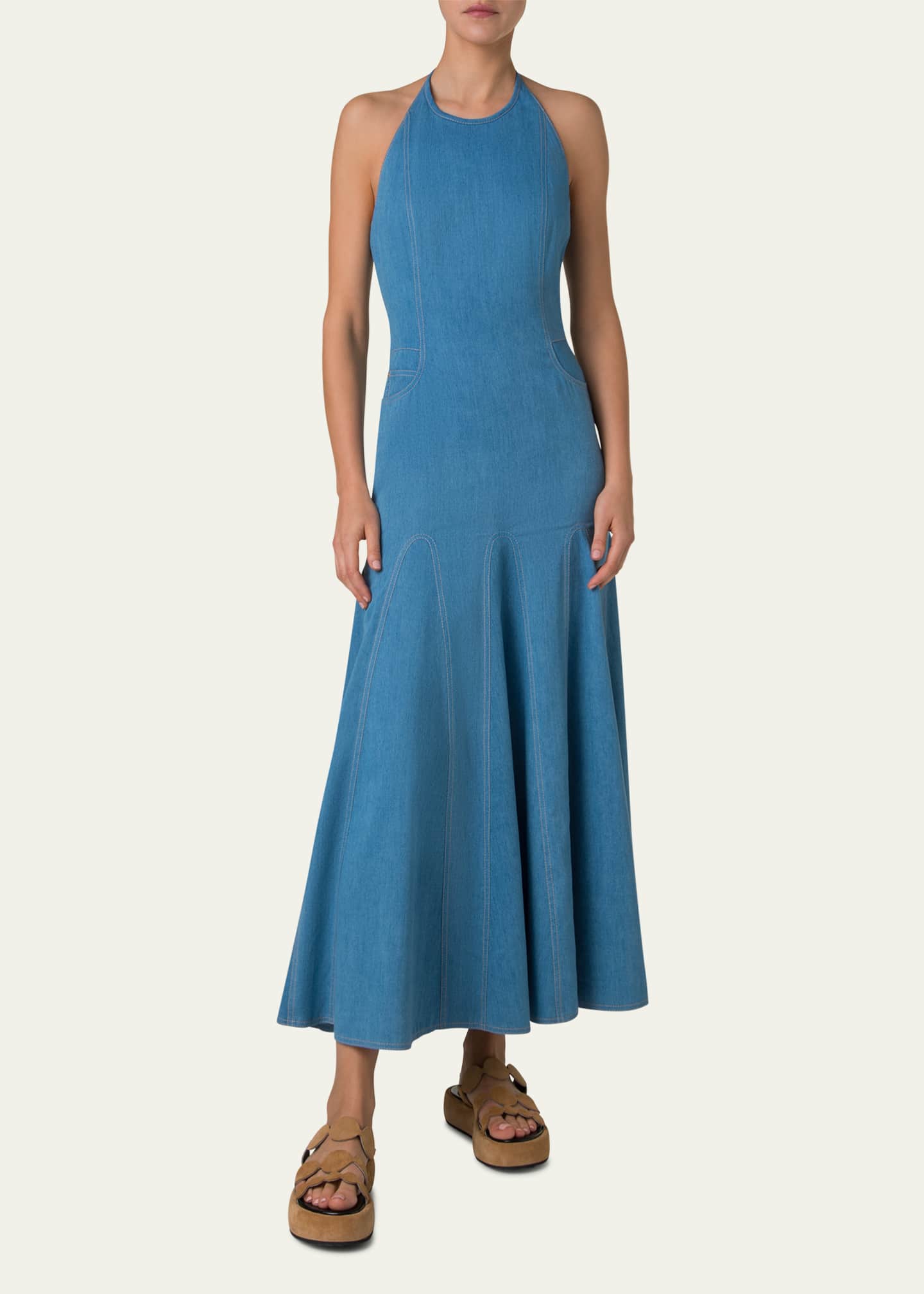 Akris punto Mixed-Media Halter Pleated Midi Dress Image 2 of 5