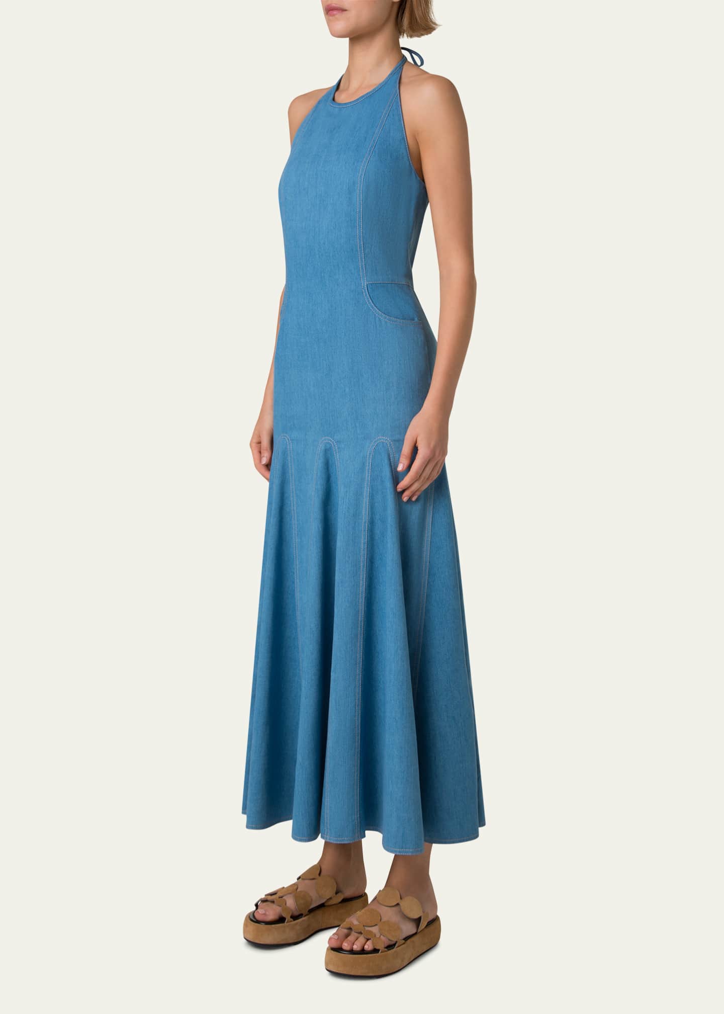 Akris punto Mixed-Media Halter Pleated Midi Dress Image 4 of 5