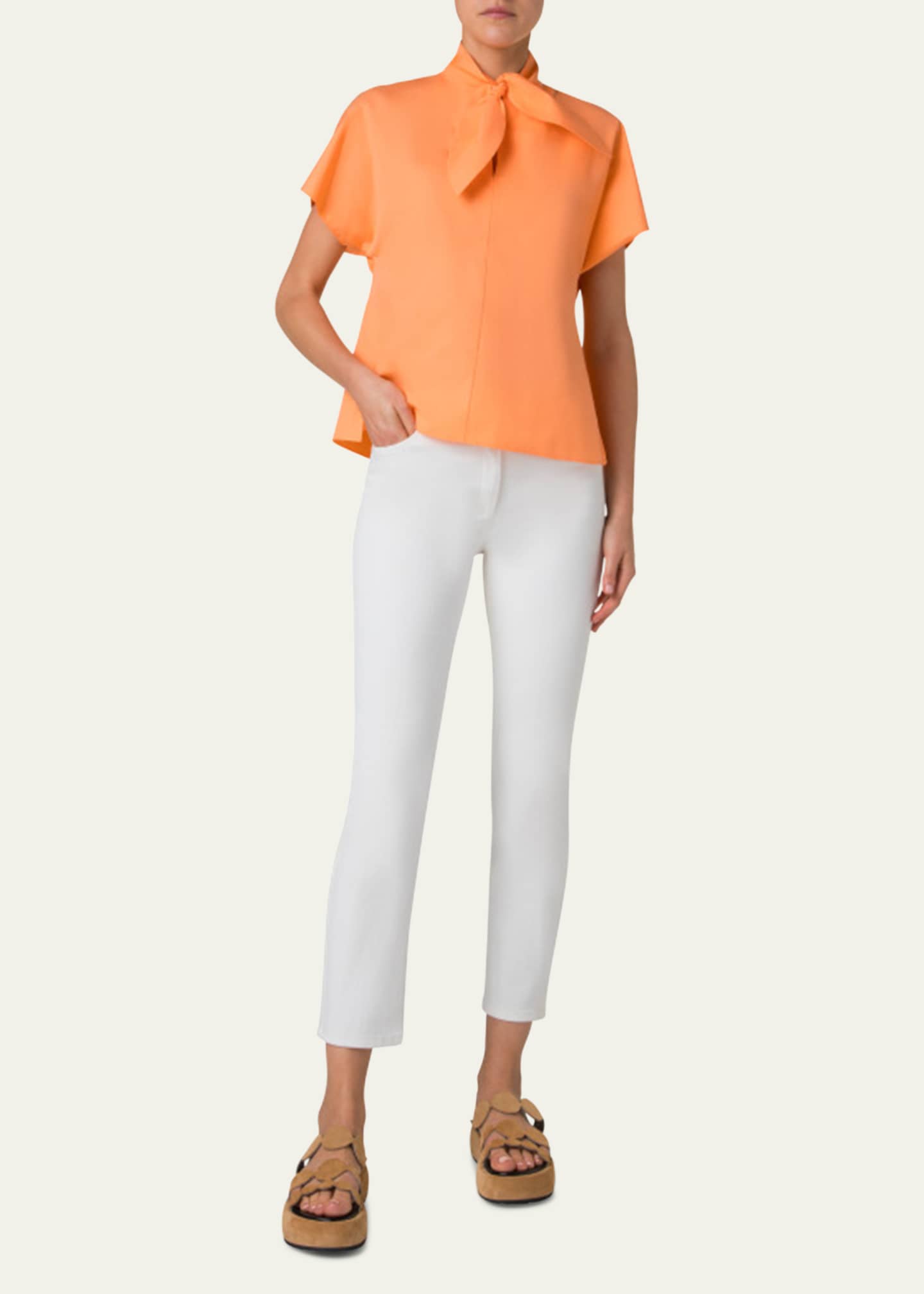 Akris punto Neck-Tie Cap-Sleeve Cotton Poplin Blouse Image 2 of 5