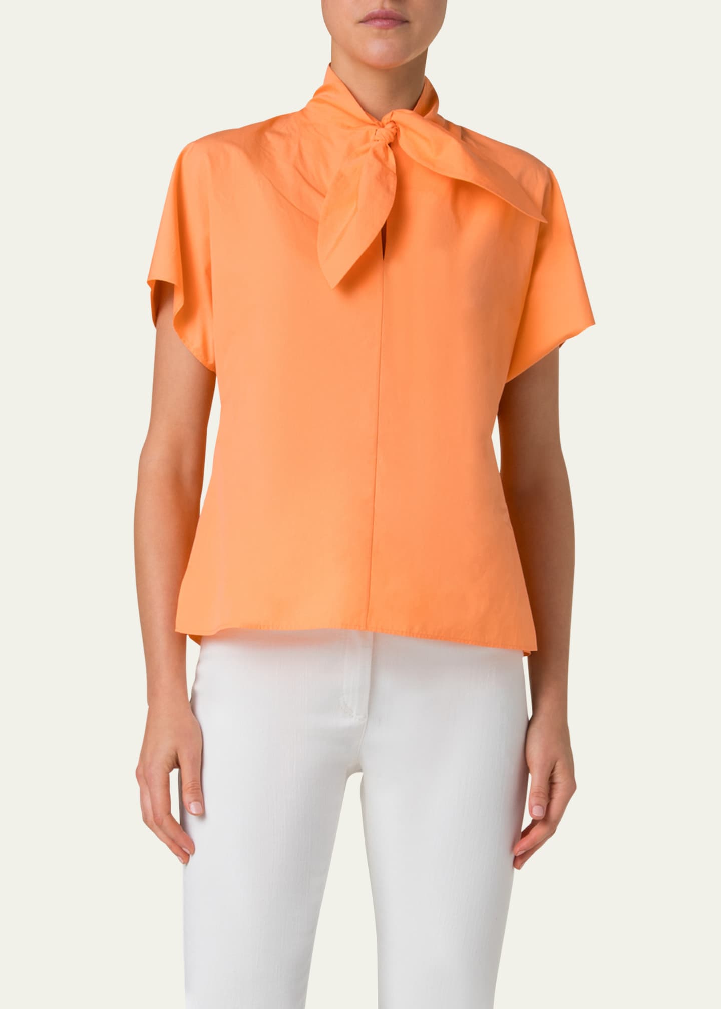 Akris punto Neck-Tie Cap-Sleeve Cotton Poplin Blouse Image 4 of 5