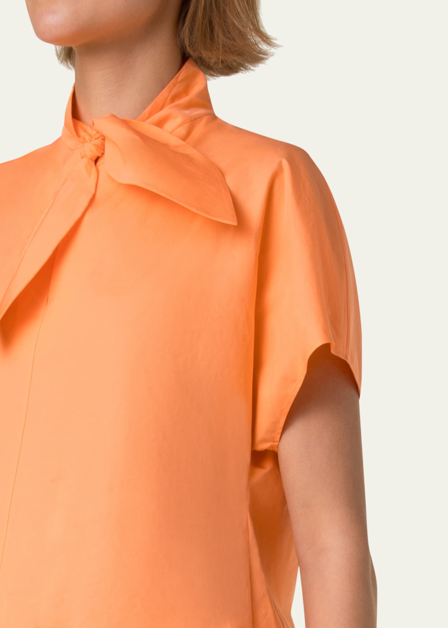 Akris punto Neck-Tie Cap-Sleeve Cotton Poplin Blouse Image 5 of 5