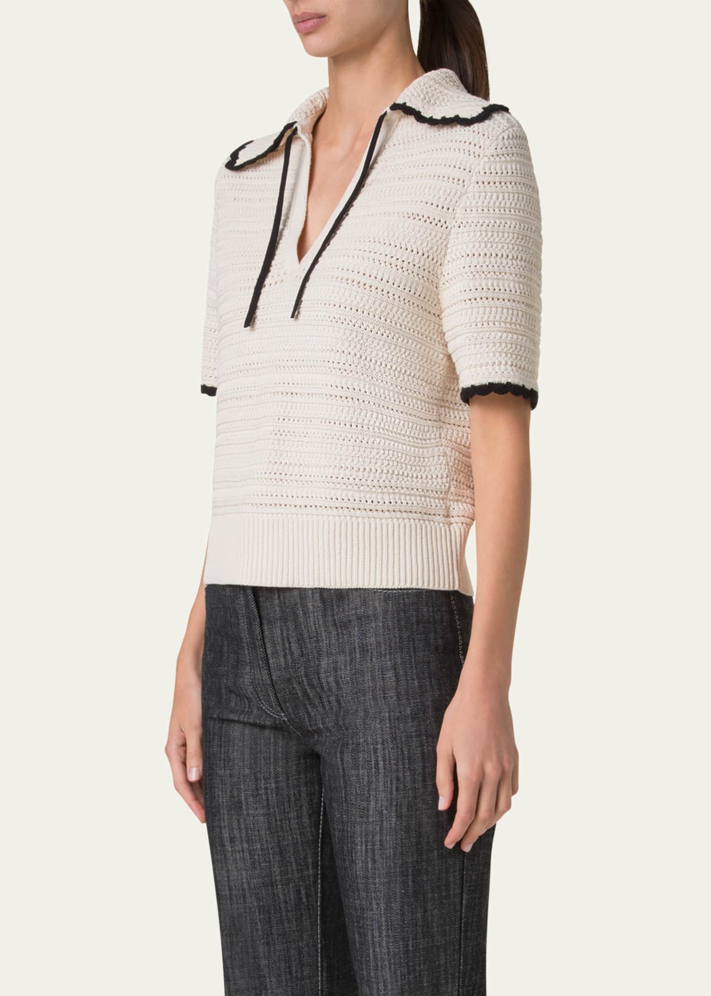 Akris punto Boxy Knit Cotton Crochet Polo Top Image 4 of 5
