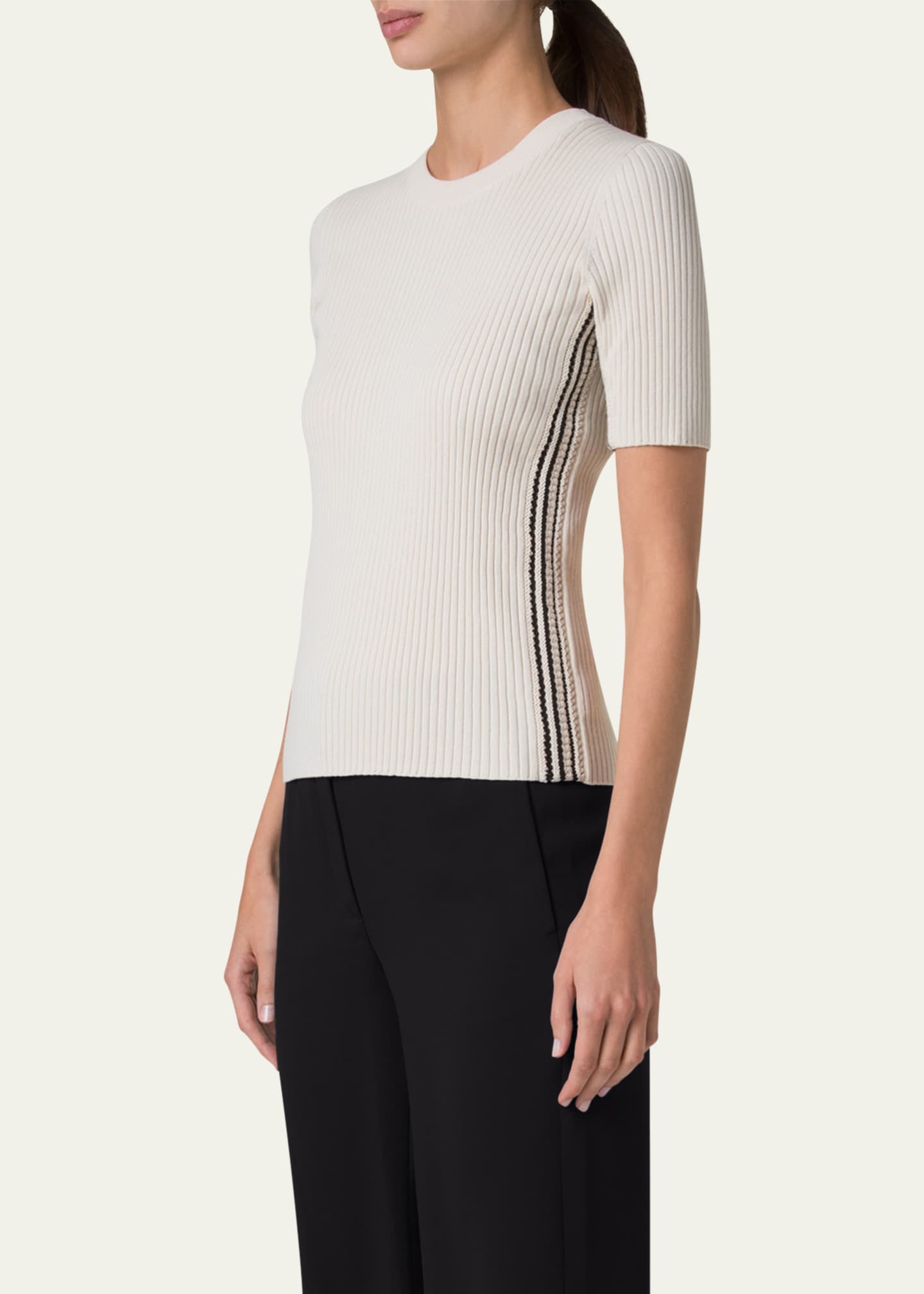 Akris punto Crochet Stripe Rib Knit Short Sleeve Sweater Image 4 of 5