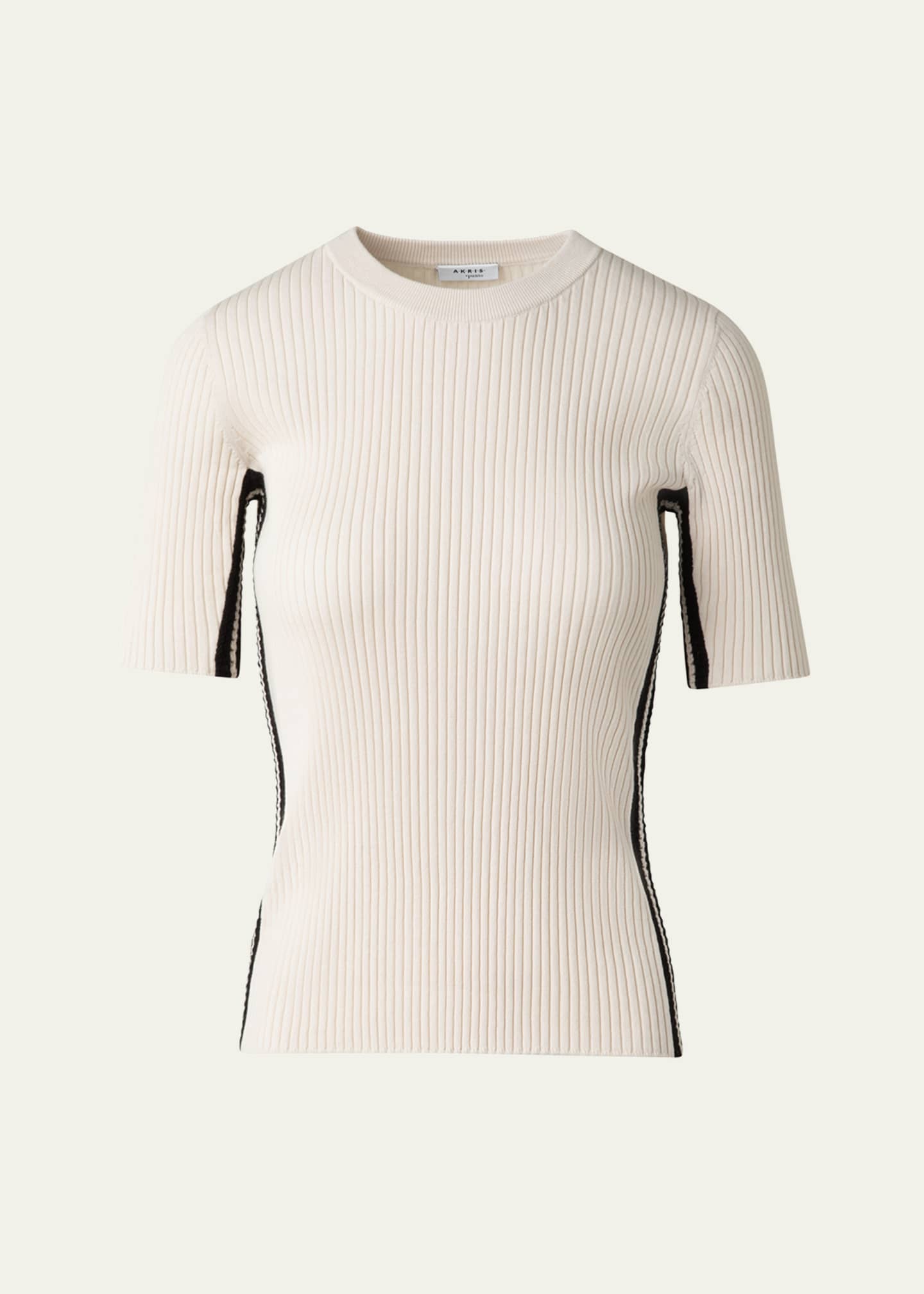Akris punto Crochet Stripe Rib Knit Short Sleeve Sweater Image 1 of 5