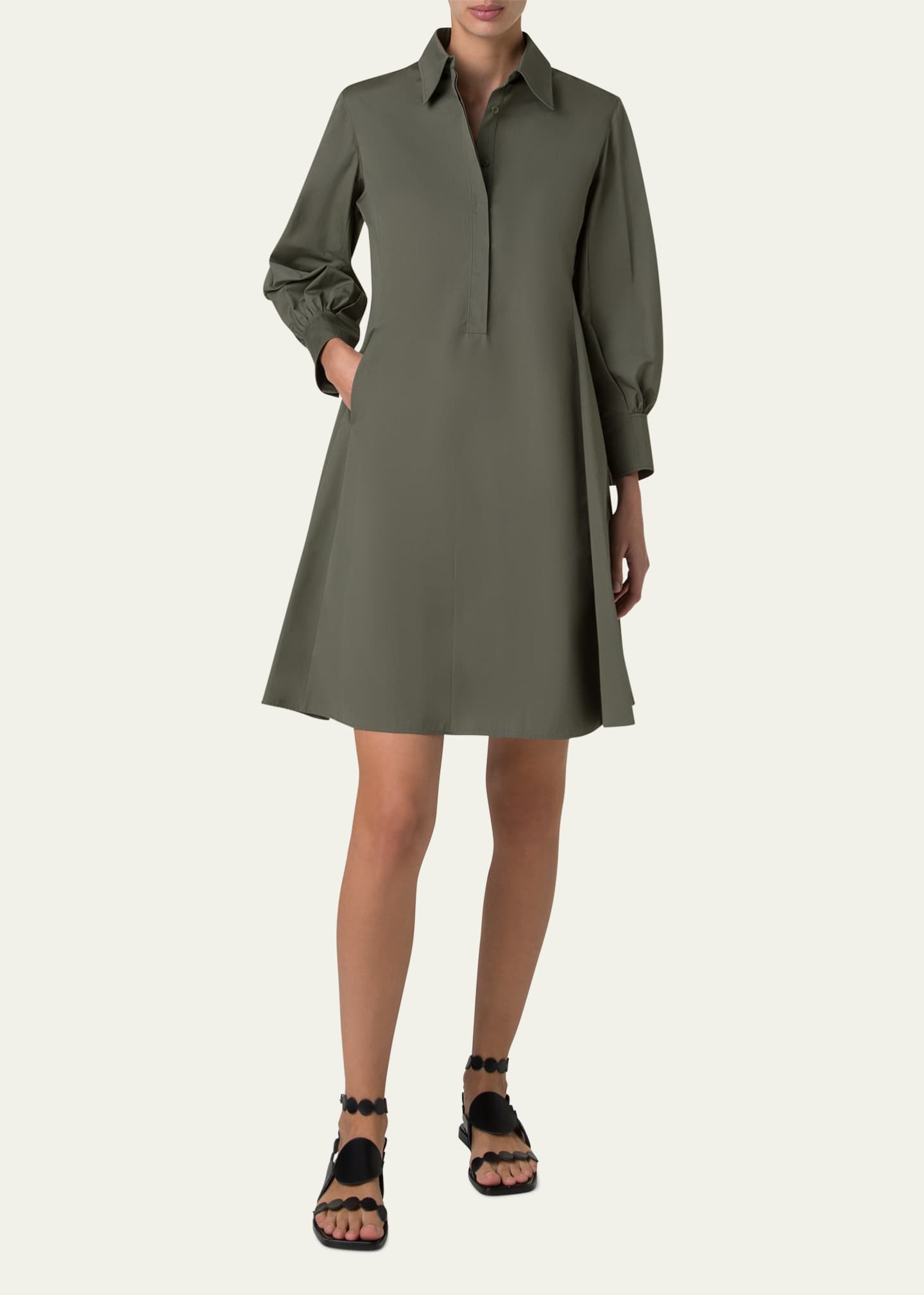Akris punto Long-Sleeve Heavy Cotton Poplin Mini Shirtdress Image 2 of 5