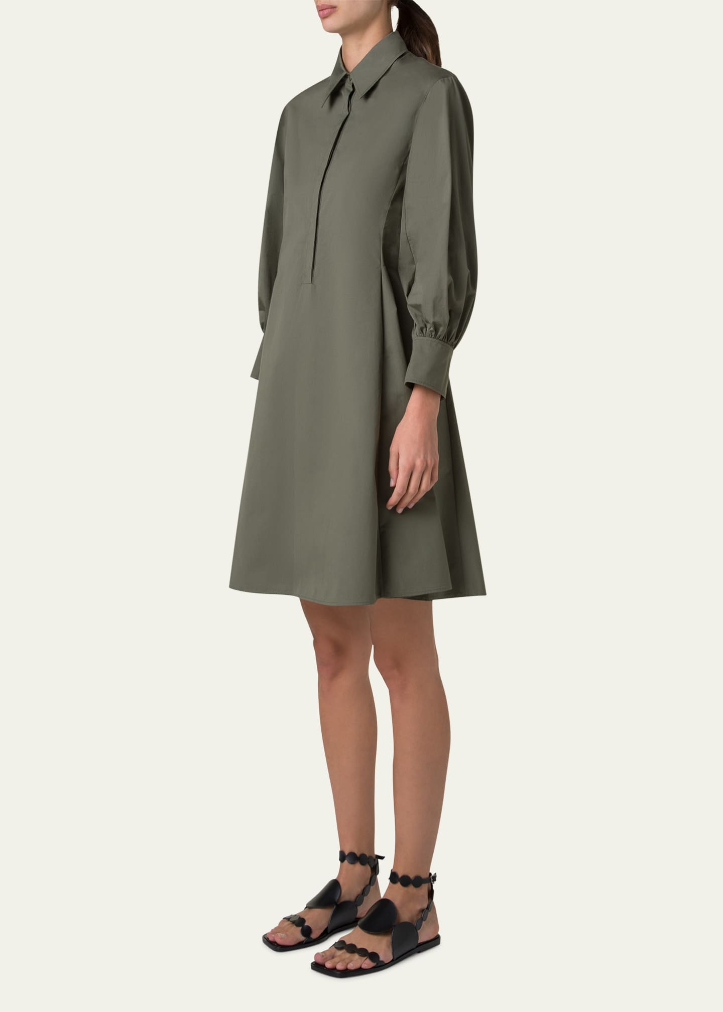 Akris punto Long-Sleeve Heavy Cotton Poplin Mini Shirtdress Image 4 of 5