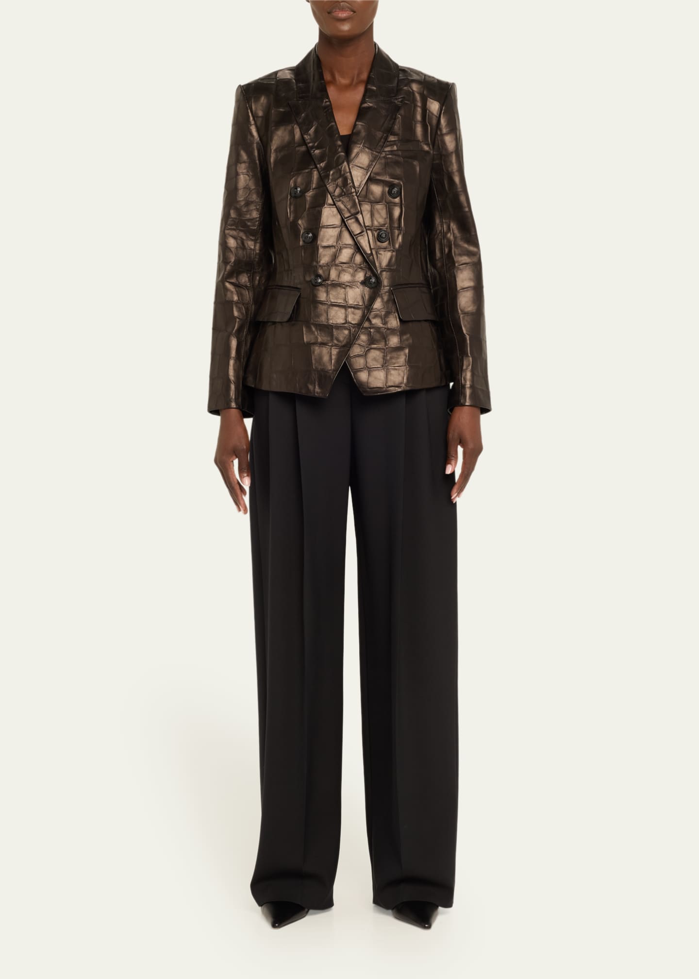 L'Agence Kenzie Croc-Embossed Faux Leather Double-Breasted Blazer Image 2 of 5