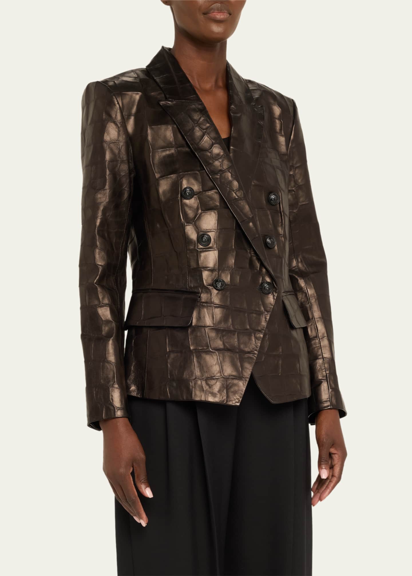 L'Agence Kenzie Croc-Embossed Faux Leather Double-Breasted Blazer Image 4 of 5