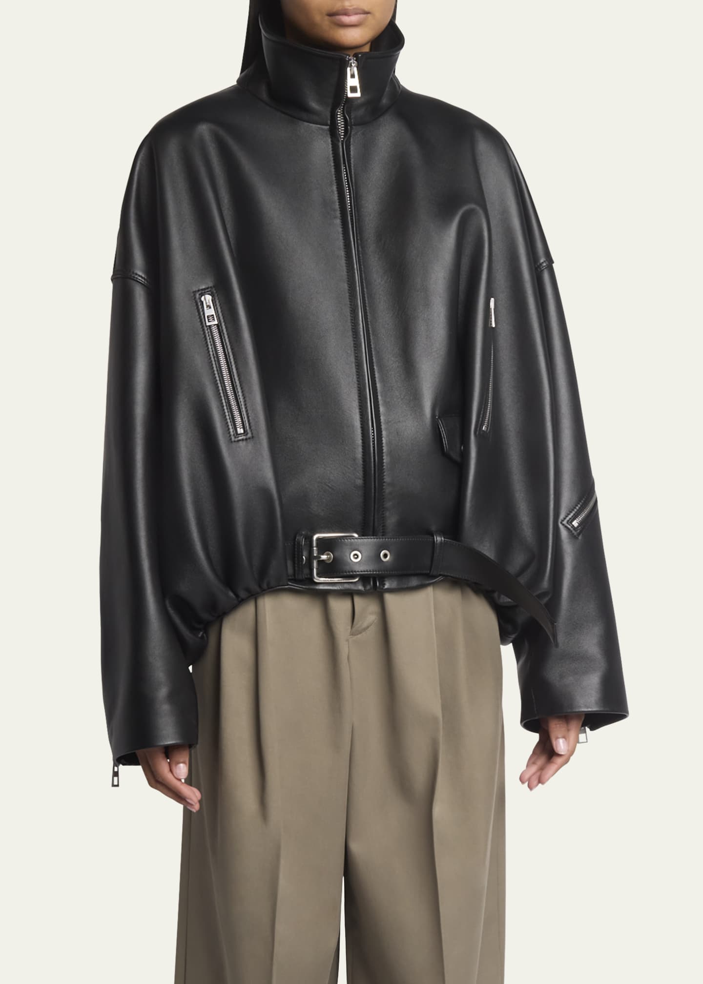 Leather Balloon Jacket with Zipper Detail