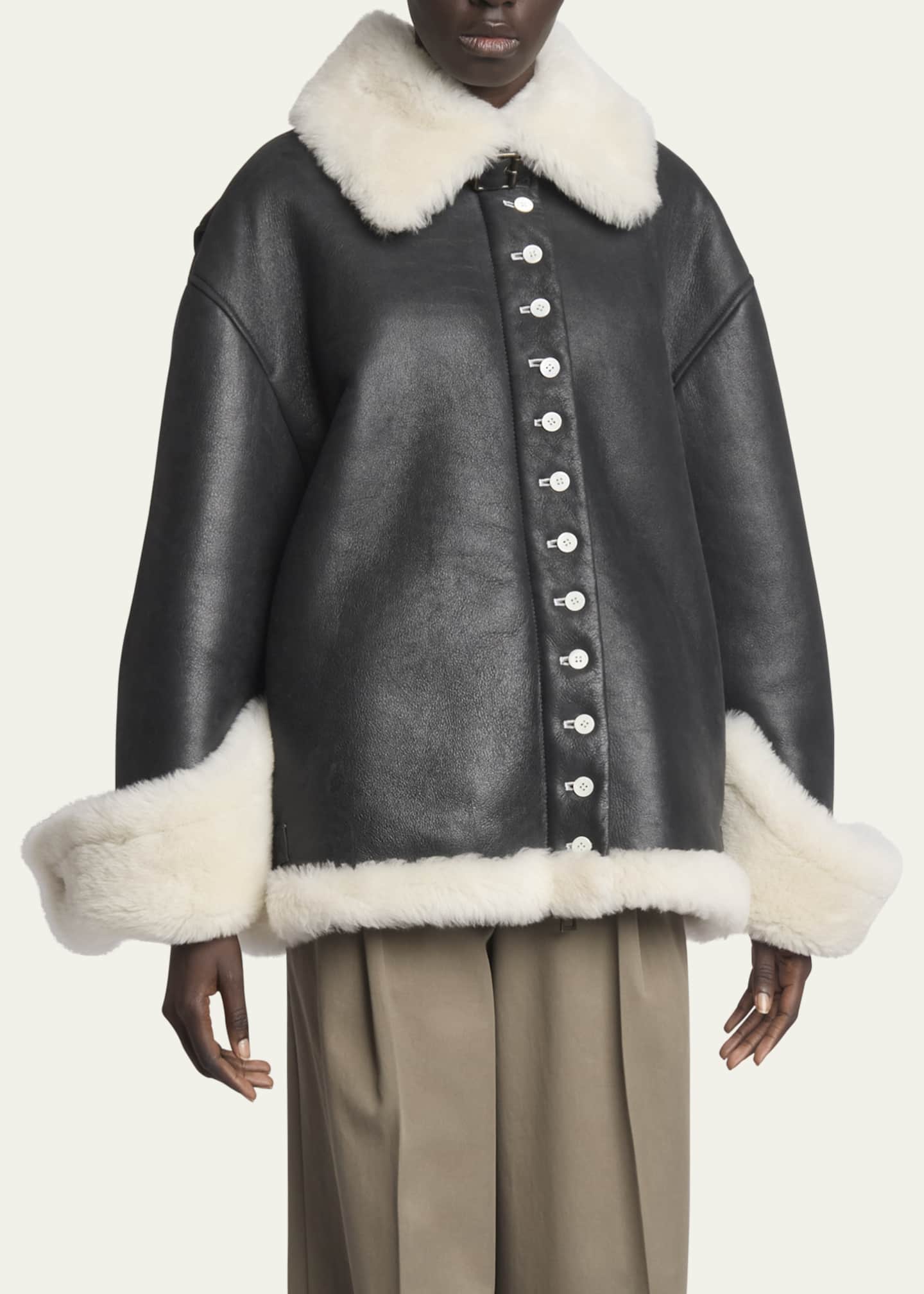 Loewe Leather Button-Front Jacket with Shearling Lining Image 4 of 5