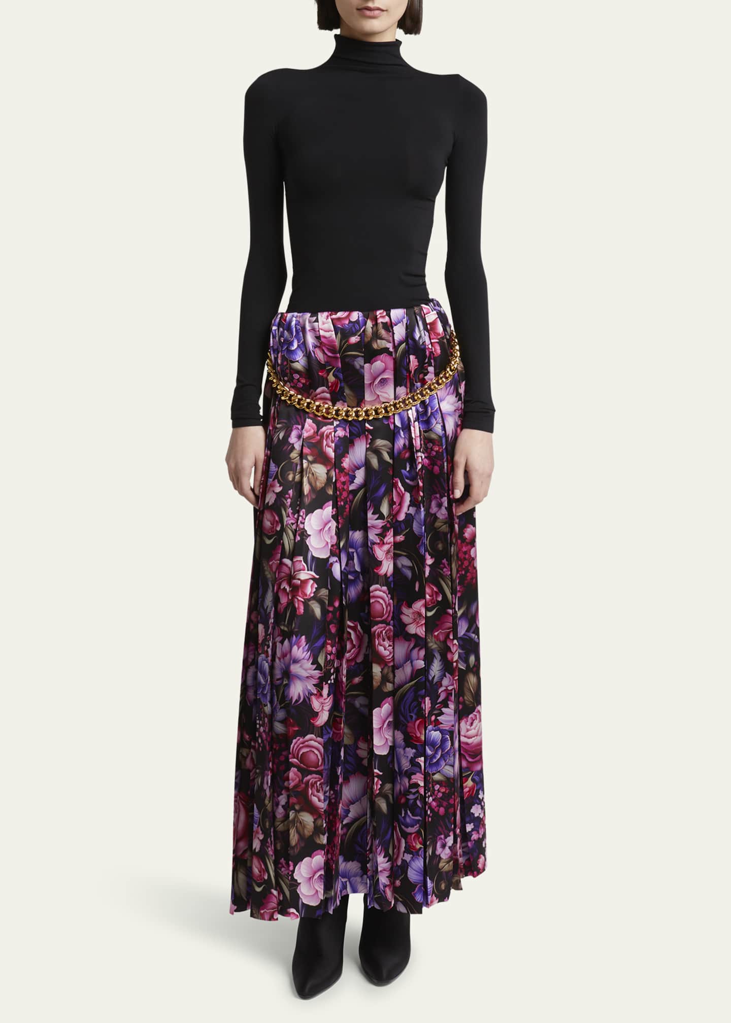 Balenciaga Floral Print Pleated Long Silk Skirt with Chunky Chain Image 2 of 5