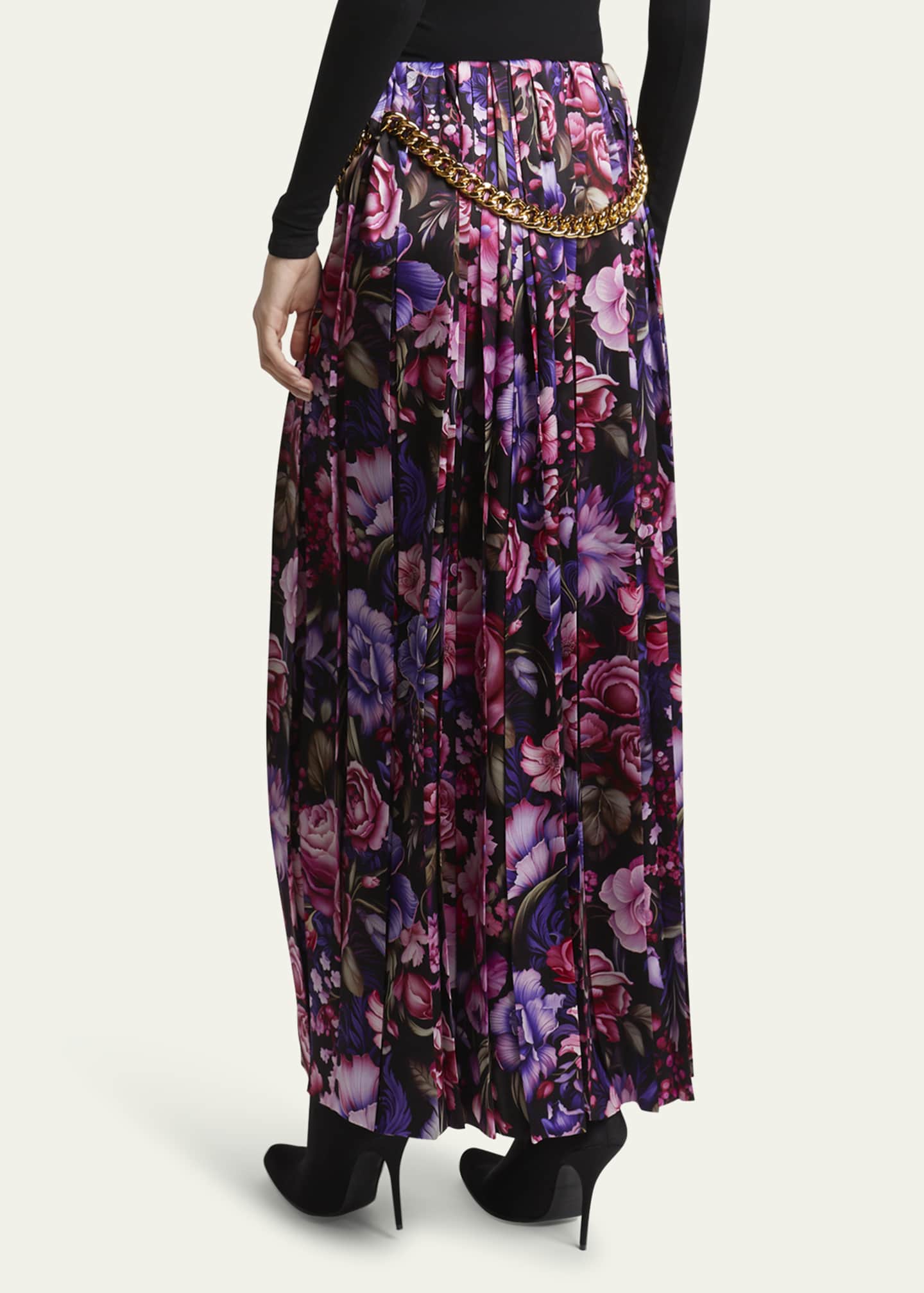 Balenciaga Floral Print Pleated Long Silk Skirt with Chunky Chain Image 3 of 5