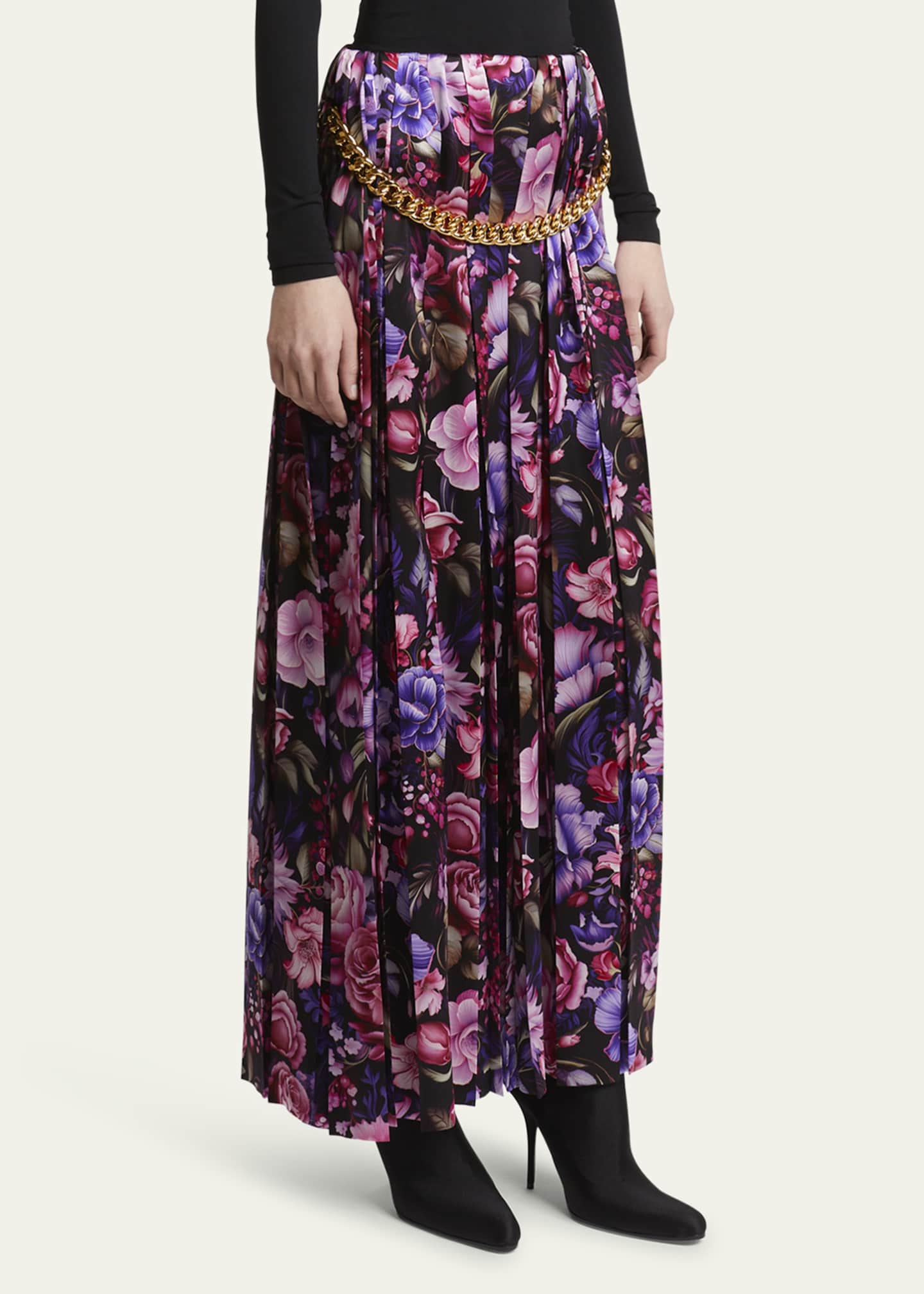 Balenciaga Floral Print Pleated Long Silk Skirt with Chunky Chain Image 4 of 5