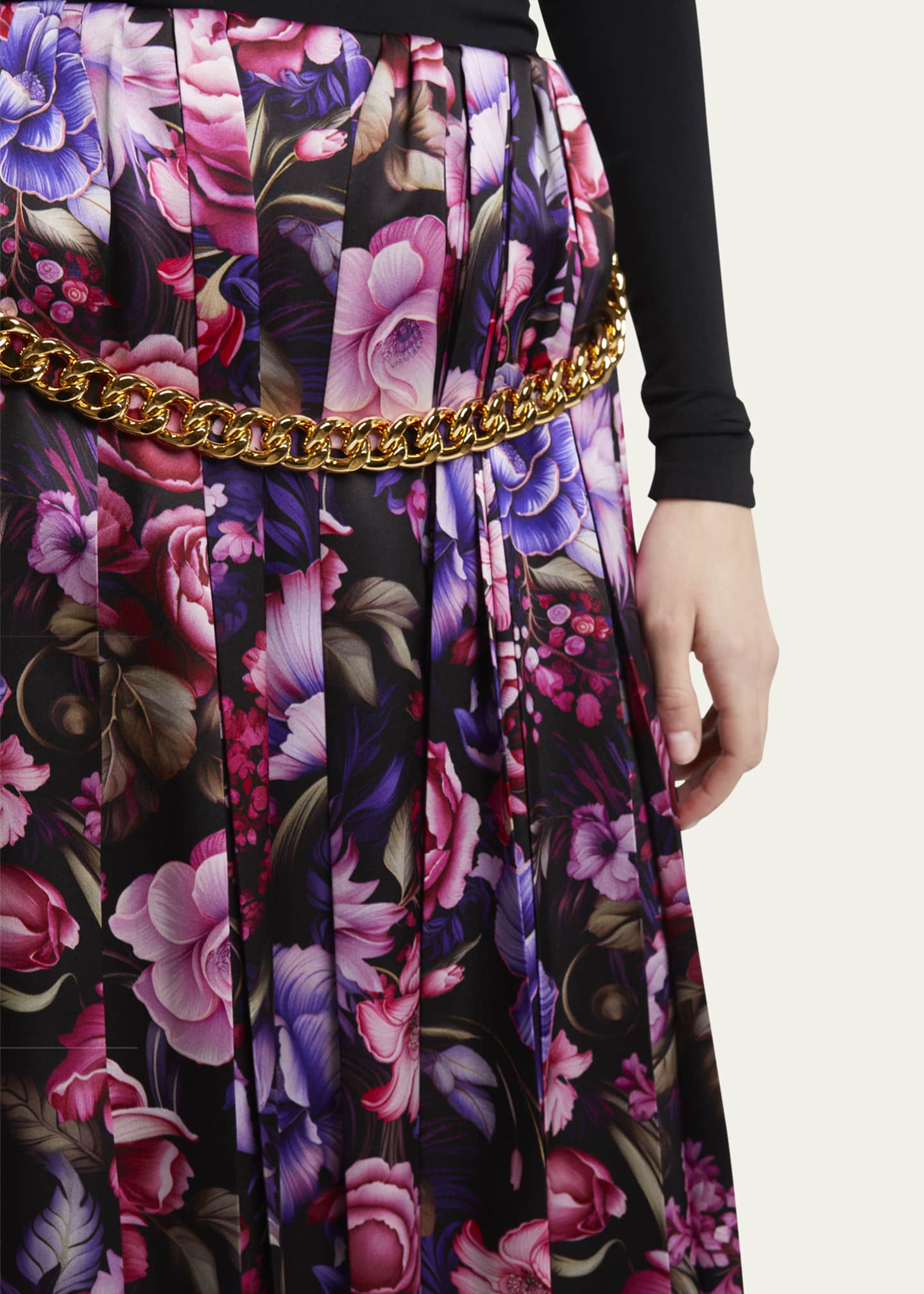 Balenciaga Floral Print Pleated Long Silk Skirt with Chunky Chain Image 5 of 5