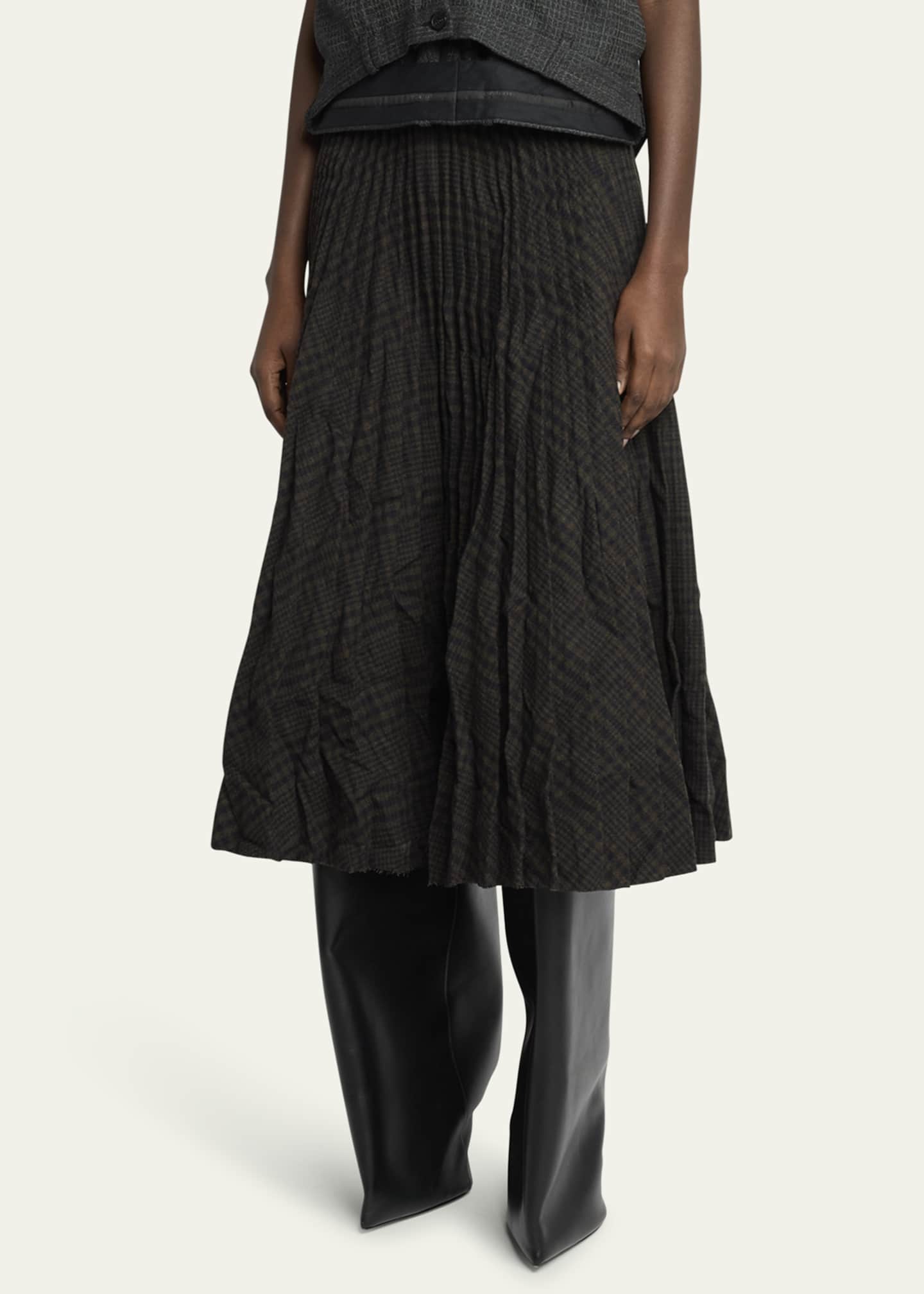 Balenciaga Pleated Vintage Check Wool Midi Skirt Image 4 of 5