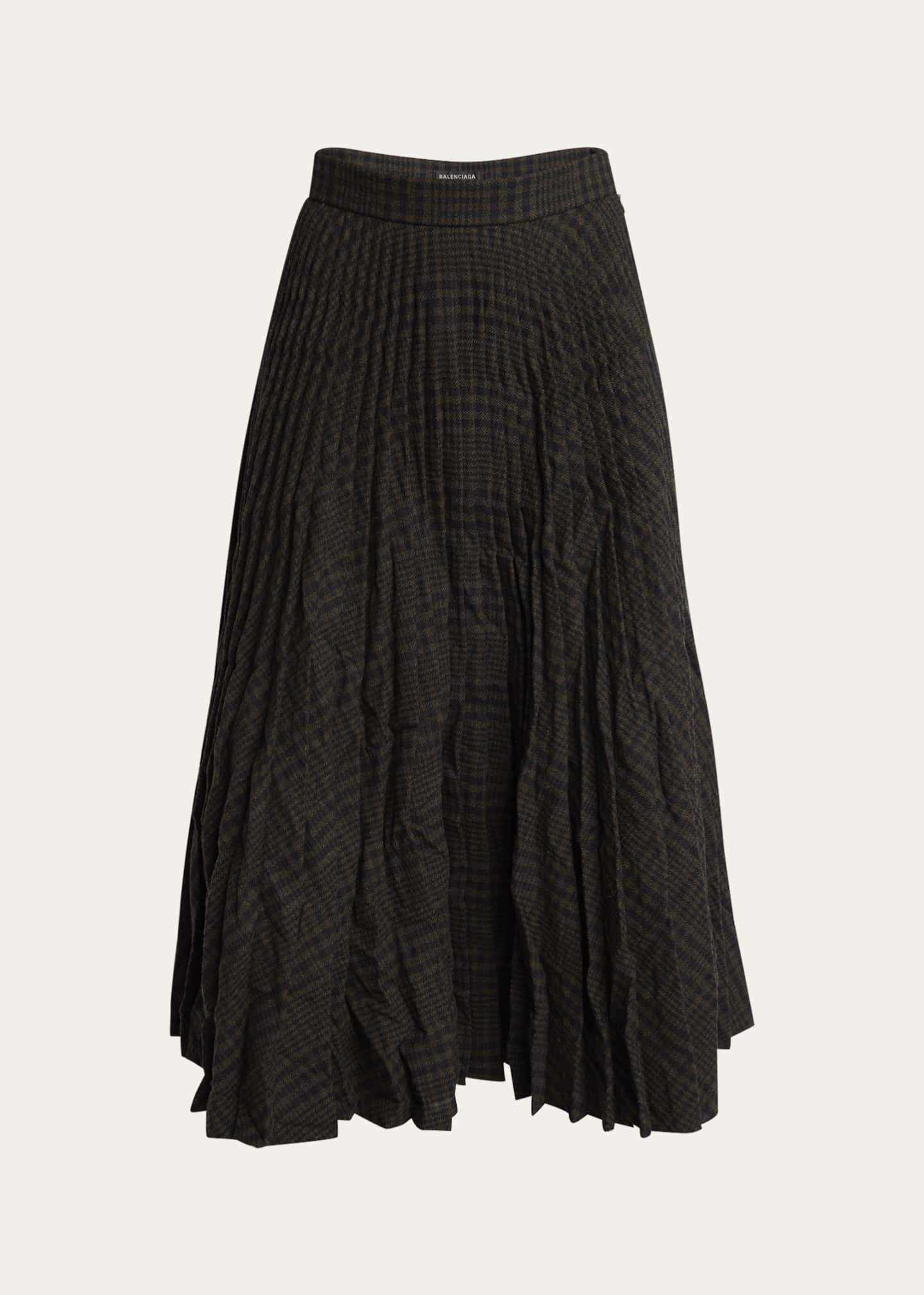 Balenciaga Pleated Vintage Check Wool Midi Skirt Image 1 of 5