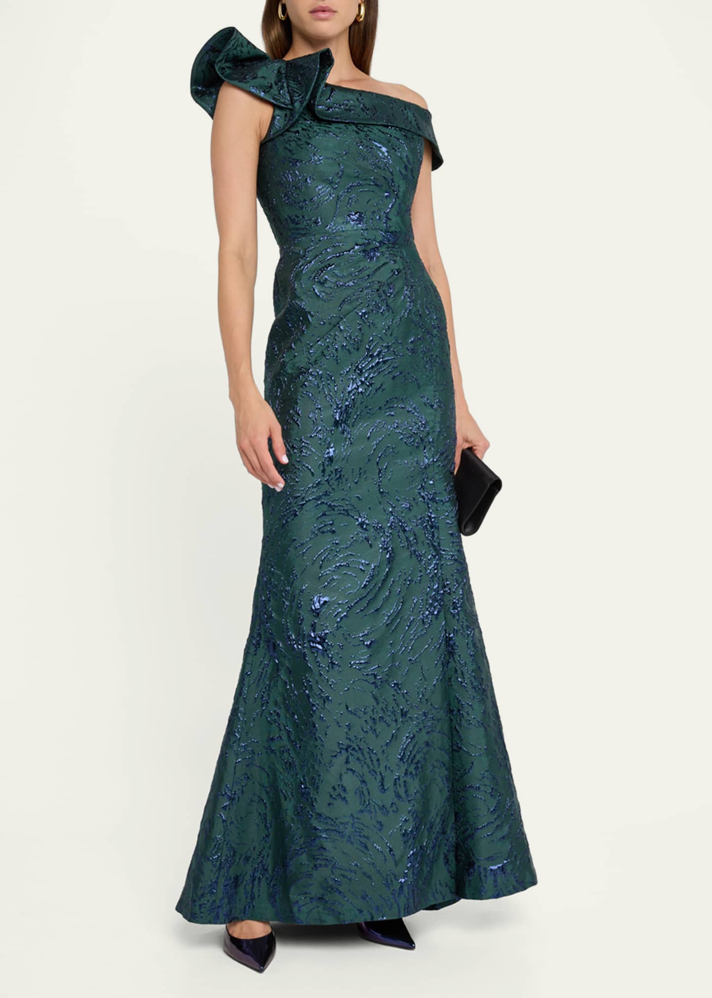 Rickie Freeman for Teri Jon One-Shoulder Ruffle Jacquard Gown Image 2 of 5