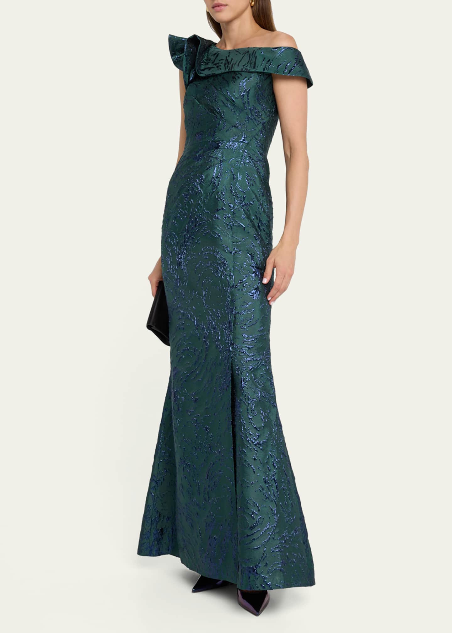 Rickie Freeman for Teri Jon One-Shoulder Ruffle Jacquard Gown Image 4 of 5