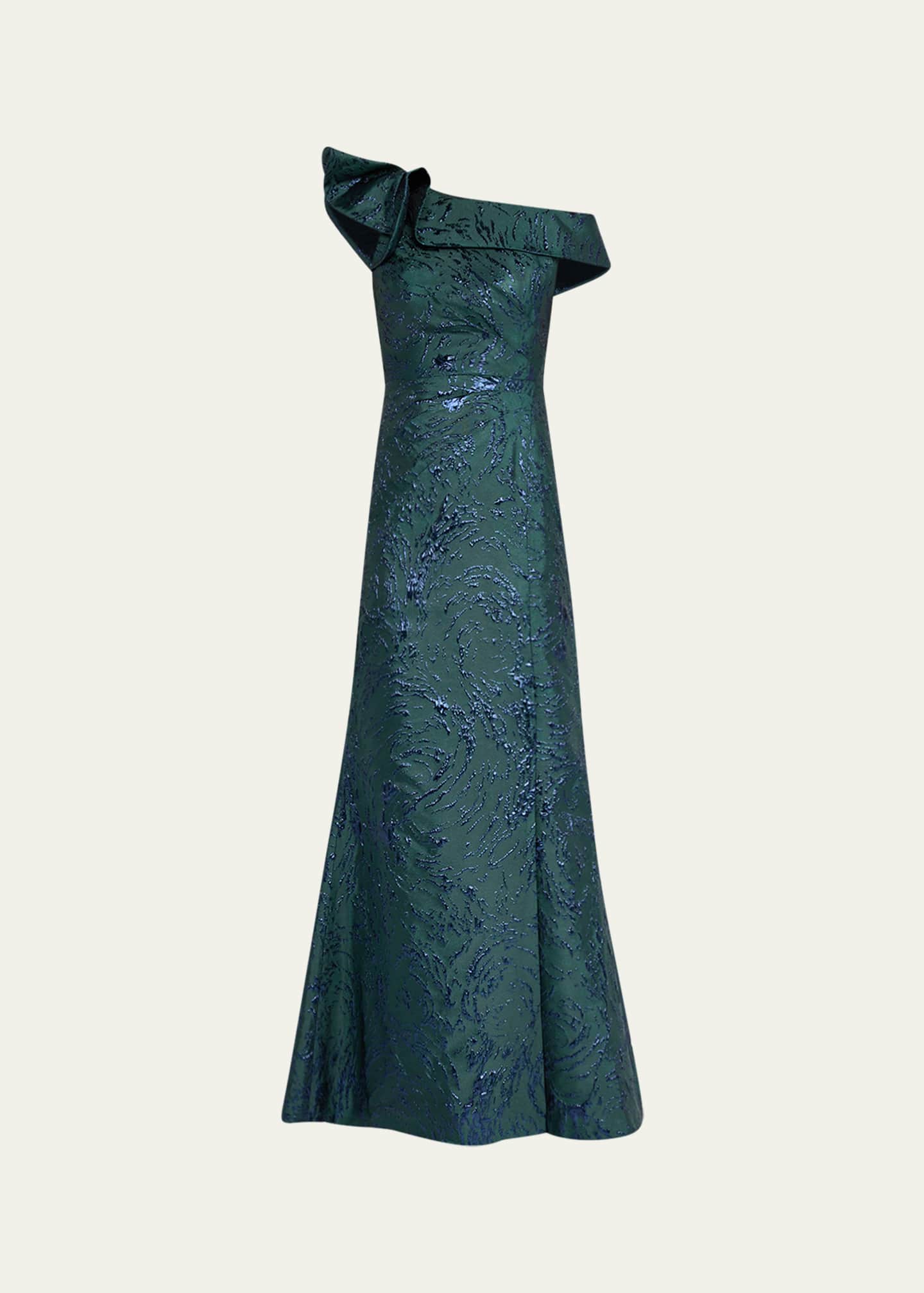 Rickie Freeman for Teri Jon One-Shoulder Ruffle Jacquard Gown Image 1 of 5